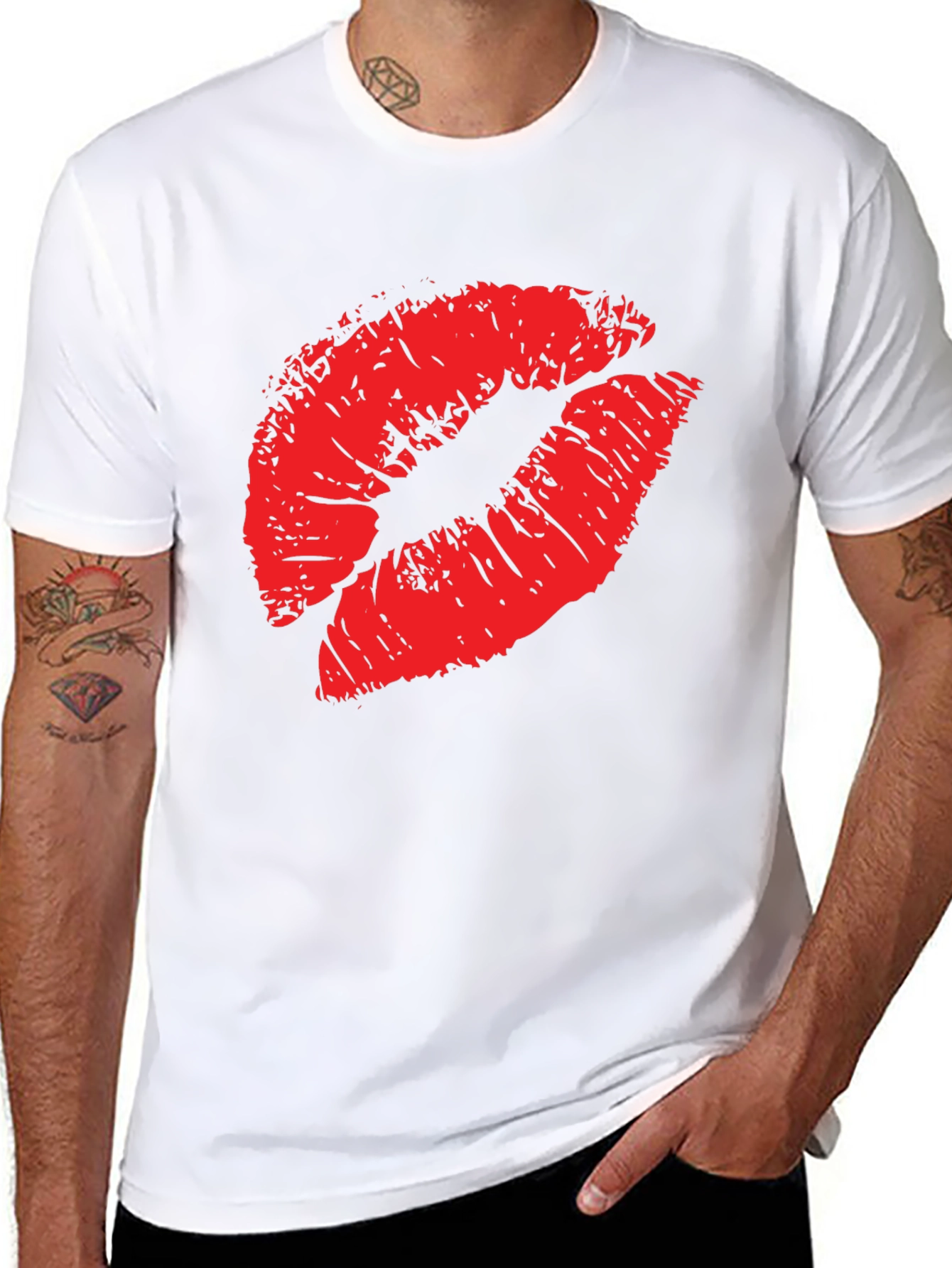 Red Lips Print Black T-Shirt