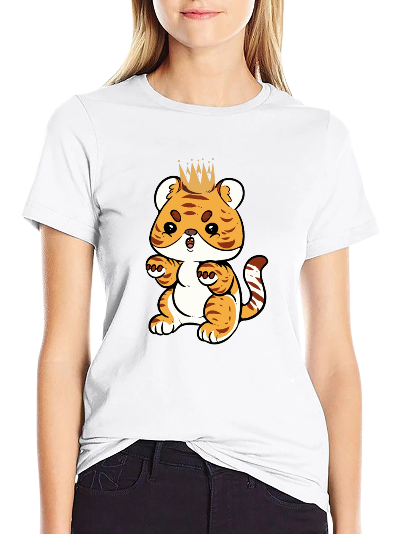 Cute Cartoon Tiger King Black T-Shirt