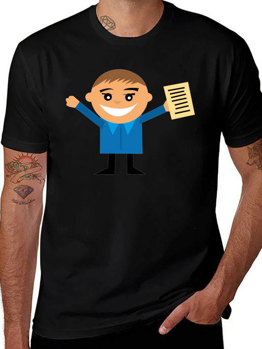 Cartoon Man Holding Document Black T-Shirt