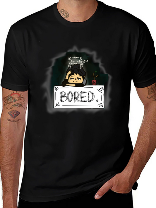 Bored Cat Graphic Tee - Black Cotton T-Shirt