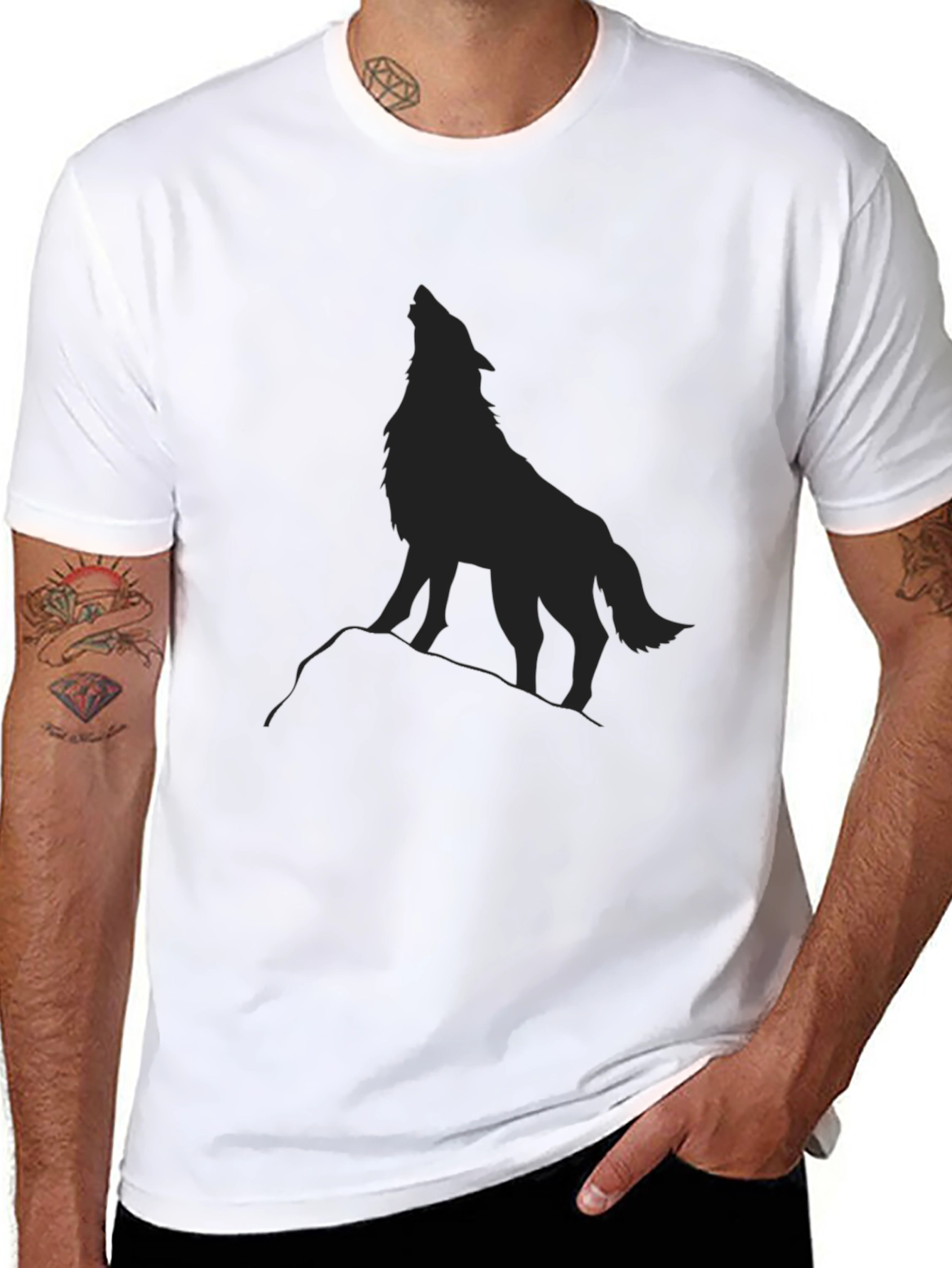 Black Wolf Silhouette Graphic Tee - Mens Fashion