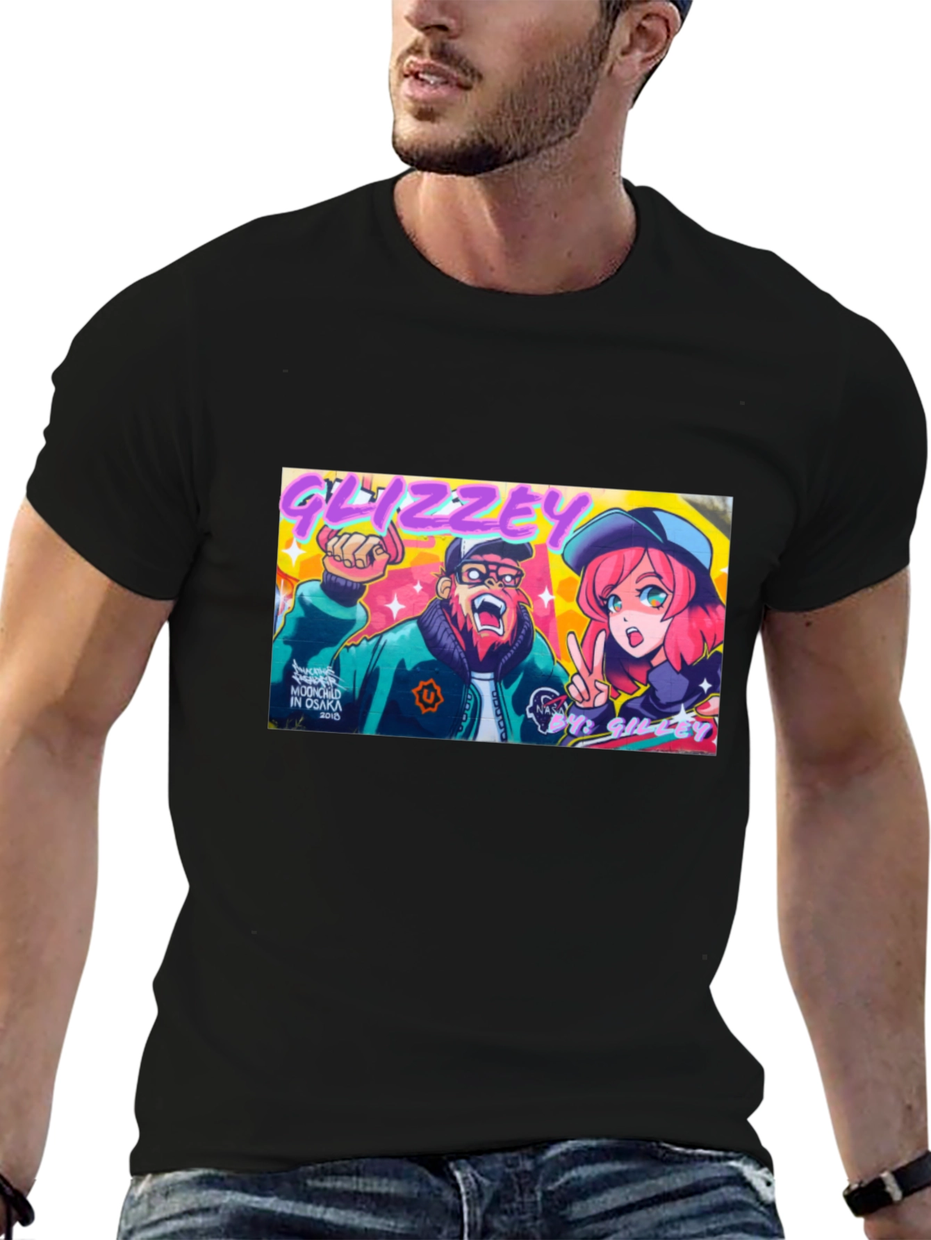 Glizzey Cartoon Graphic Print Black T-Shirt