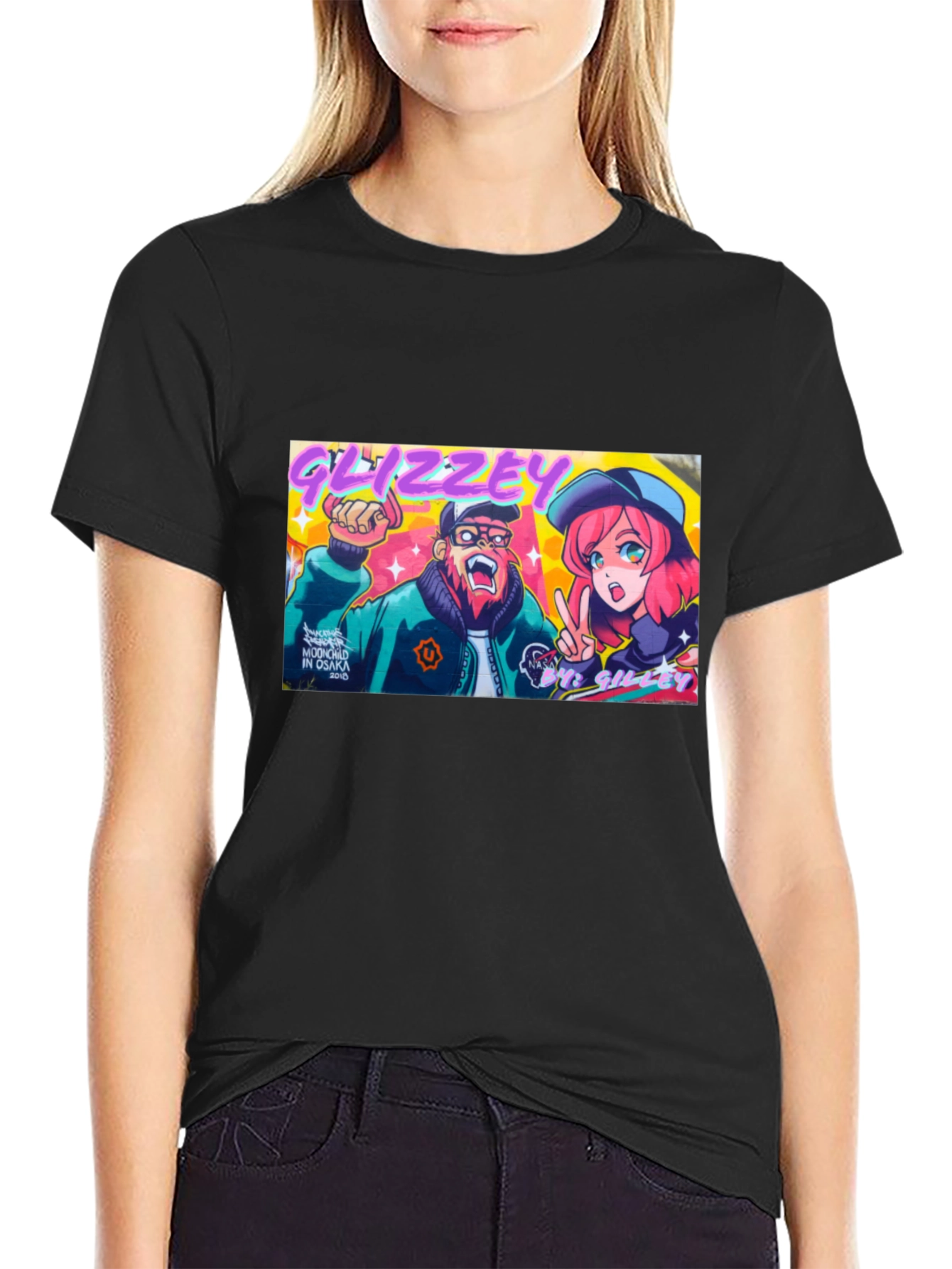 Glizzey Cartoon Graphic Print Black T-Shirt