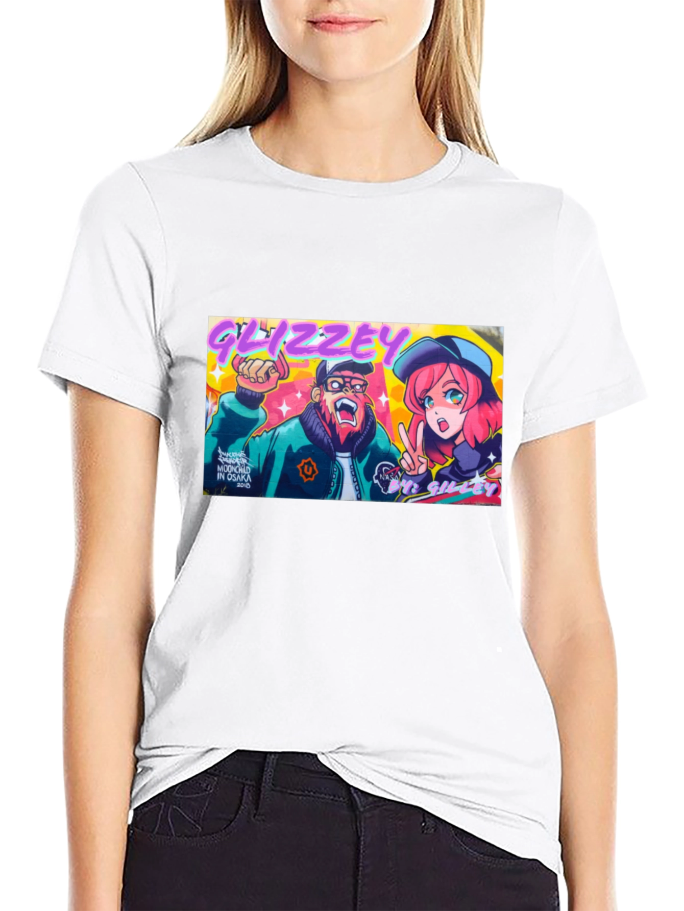 Glizzey Cartoon Graphic Print Black T-Shirt