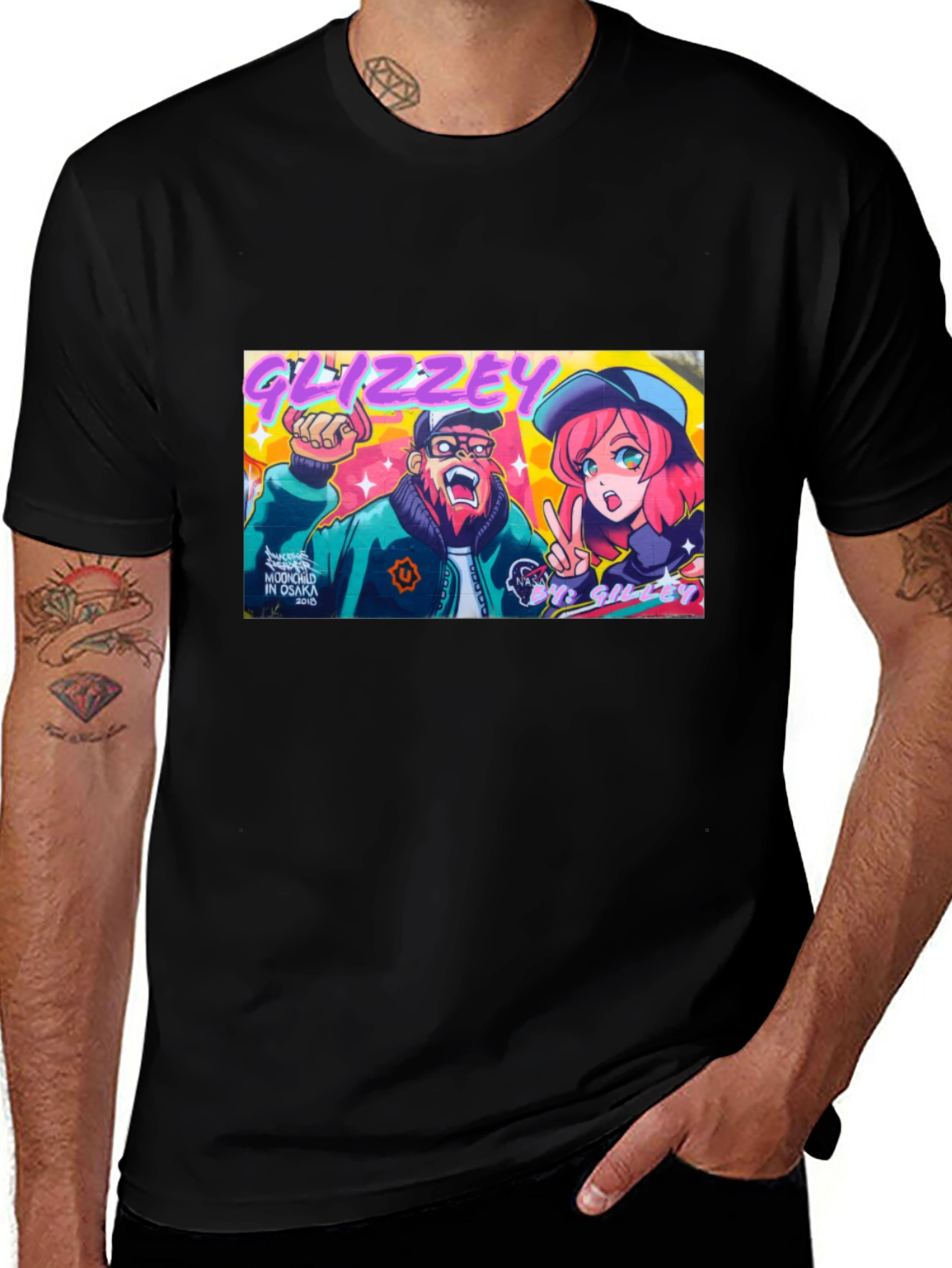 Glizzey Cartoon Graphic Print Black T-Shirt