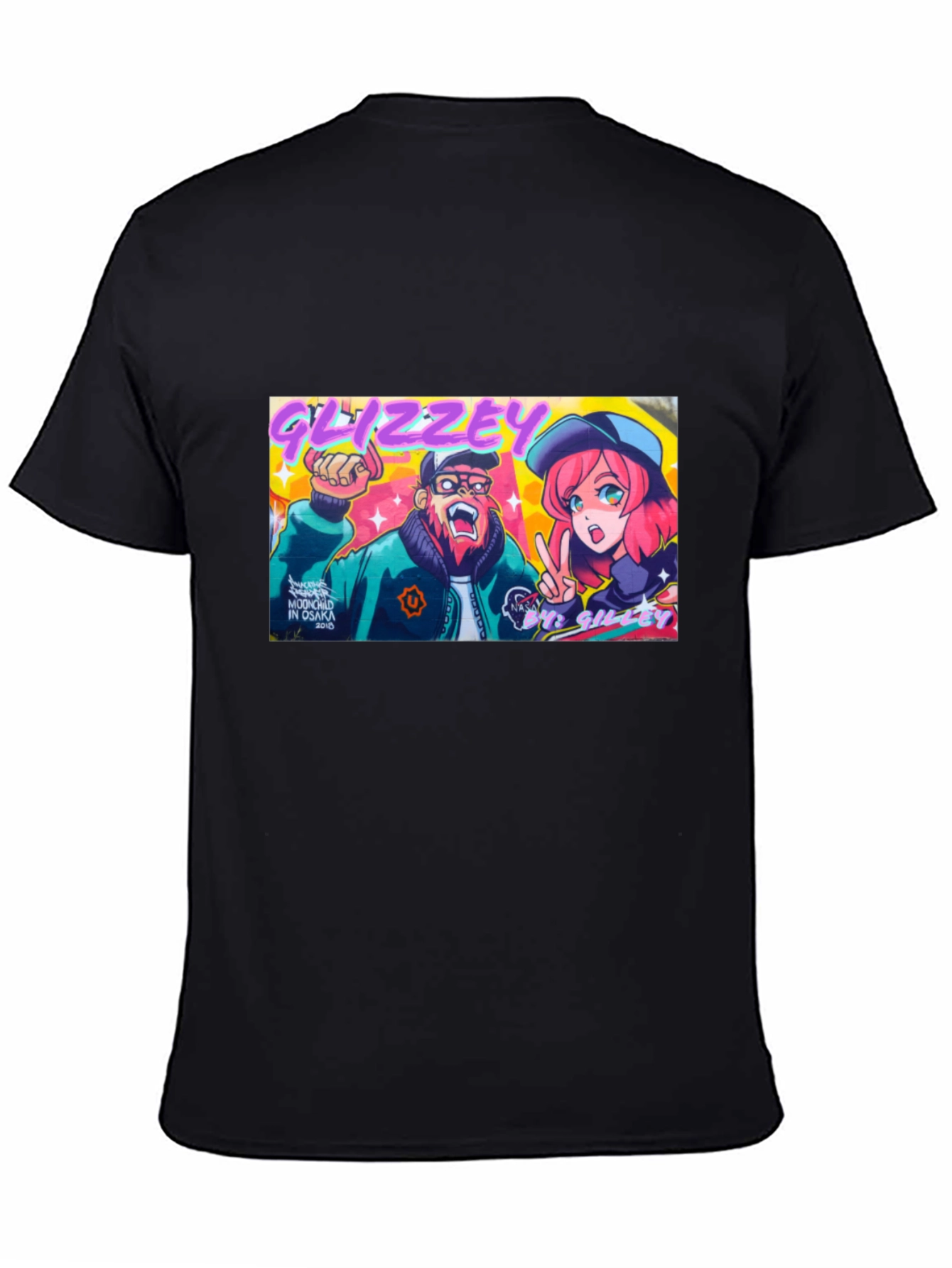 Glizzey Cartoon Graphic Print Black T-Shirt