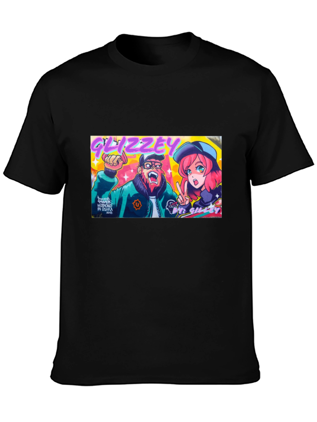 Glizzey Cartoon Graphic Print Black T-Shirt