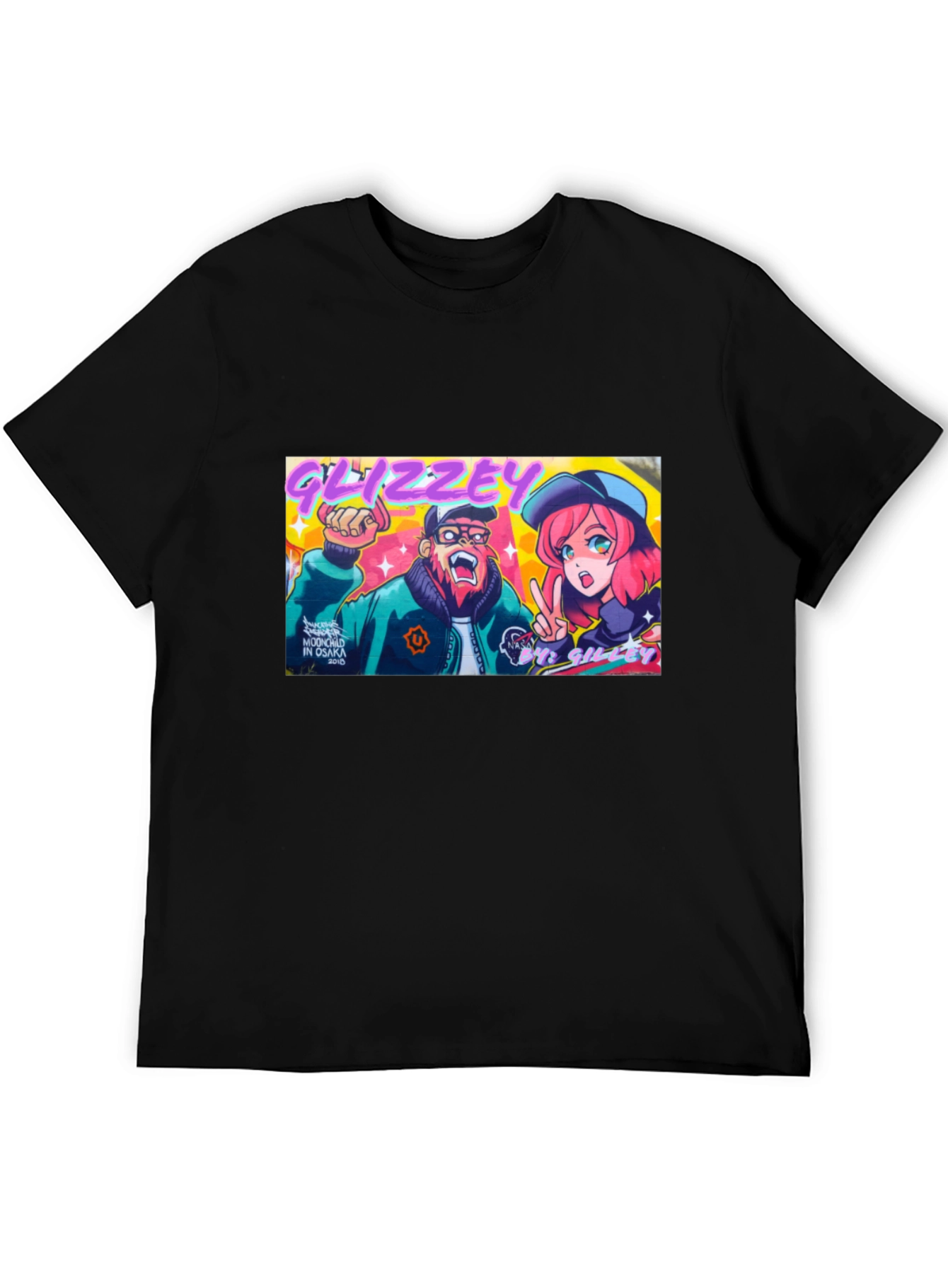 Glizzey Cartoon Graphic Print Black T-Shirt