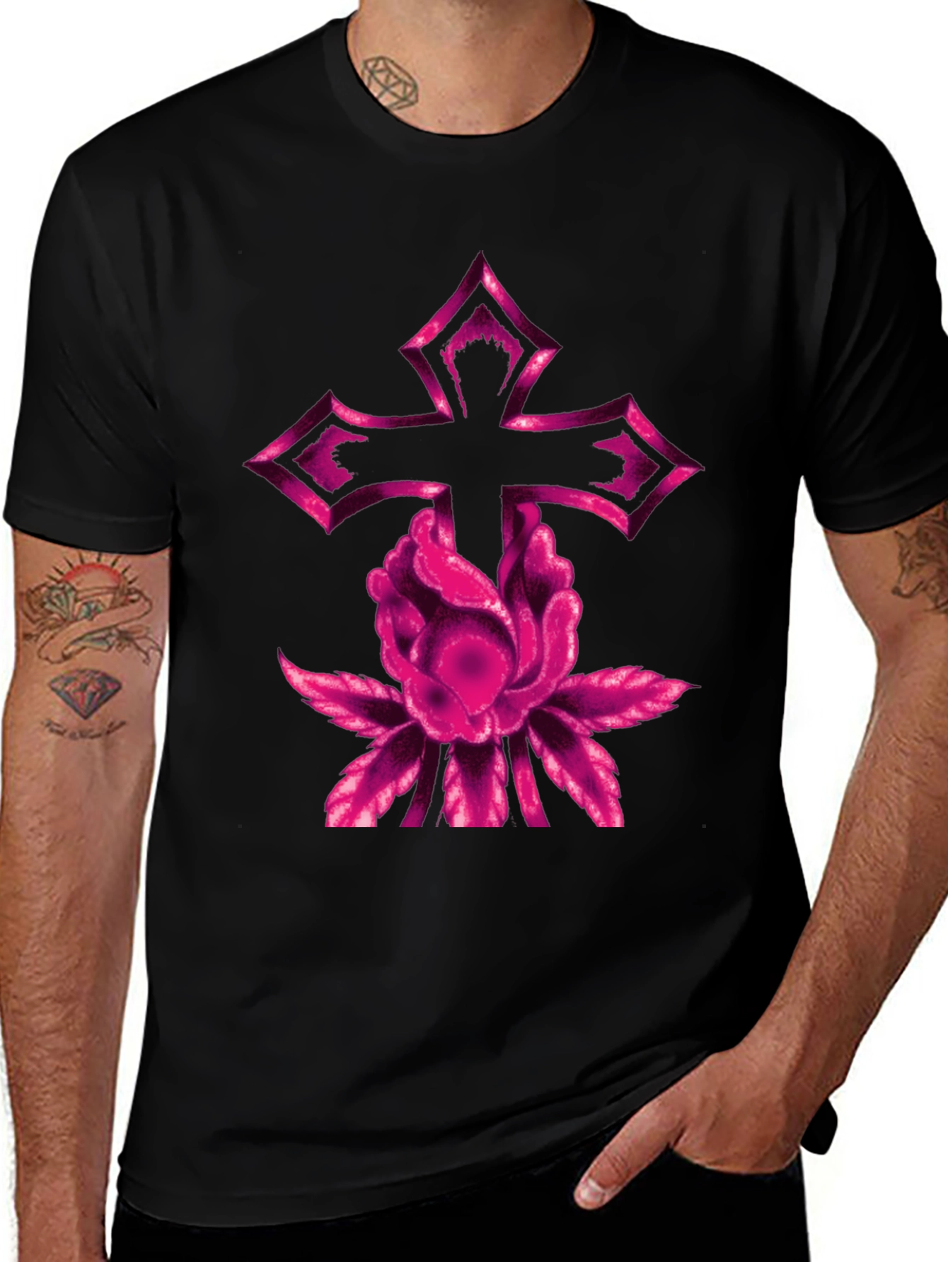 Floral Cross Graphic Tee - Modern Black T-Shirt