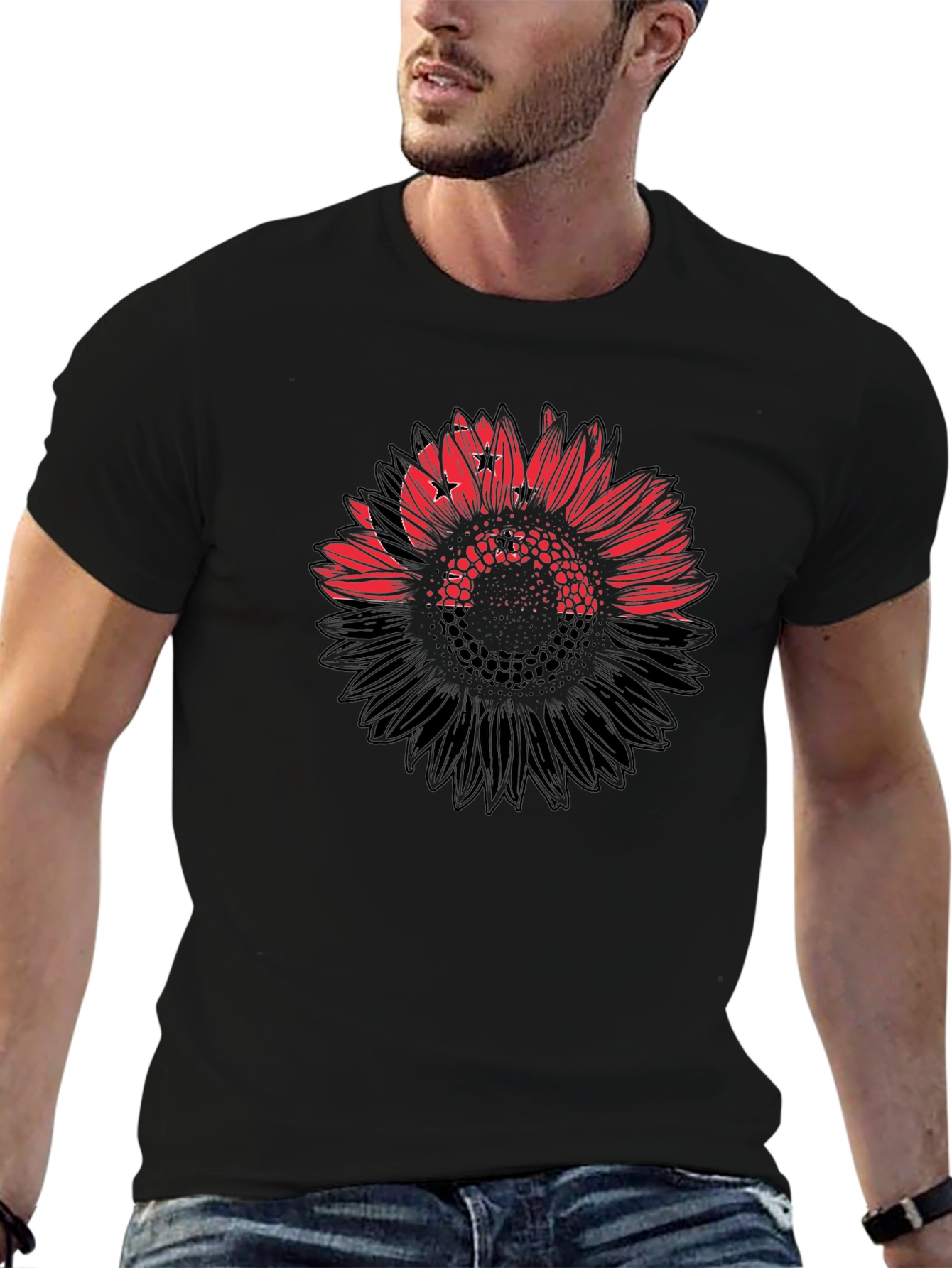 Mens Black T-Shirt with Sunflower Design