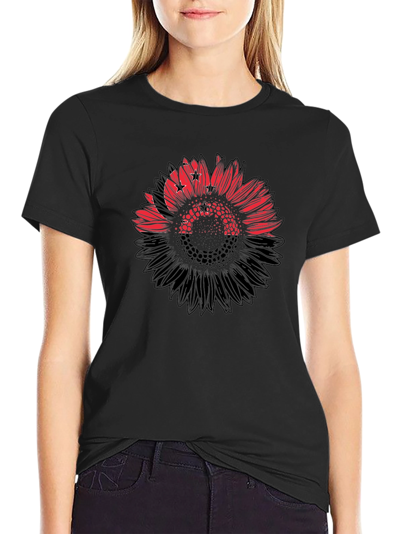 Mens Black T-Shirt with Sunflower Design
