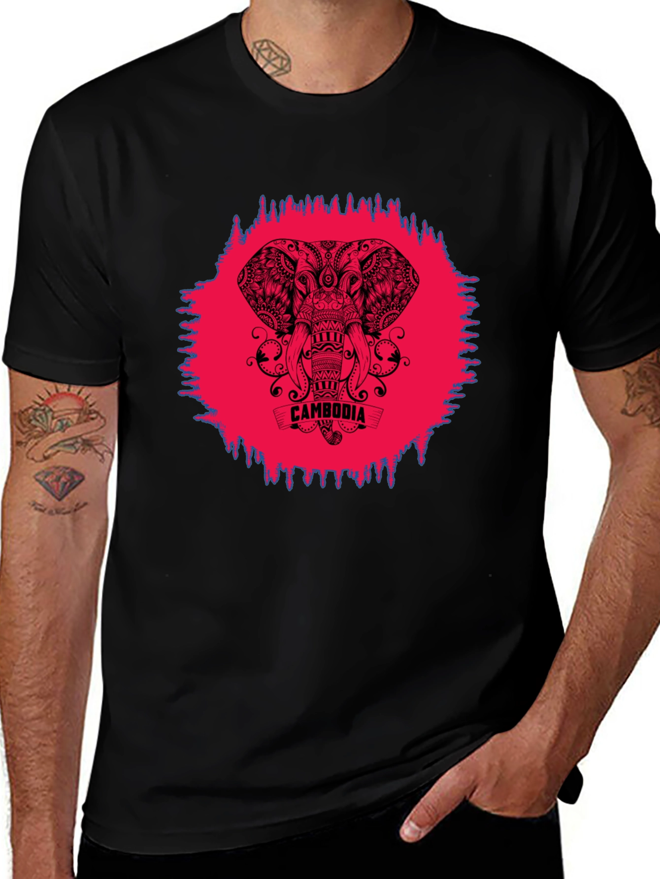 Cambodia Elephant Graphic Tee - Black Crew Neck Shirt