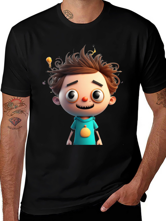 Cartoon Boy Graphic Tee - Quirky Black T-Shirt