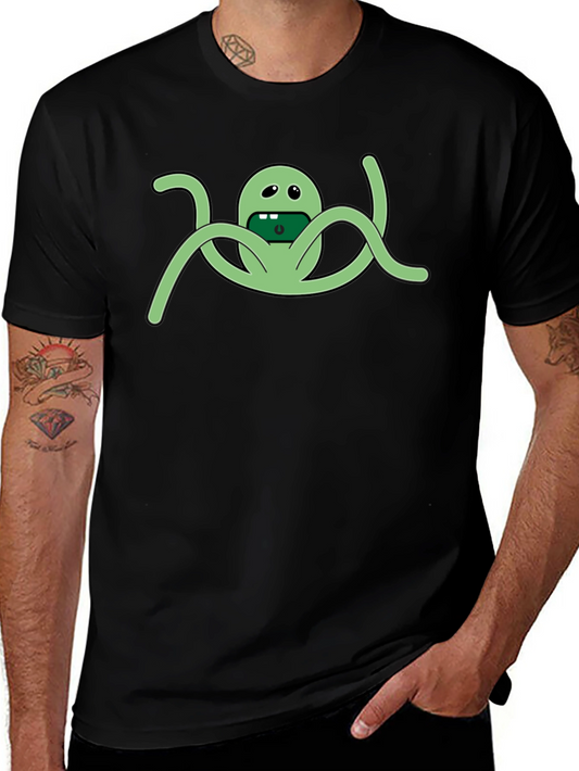 Mens Black Graphic Tee - Funny Green Alien Octopus Design