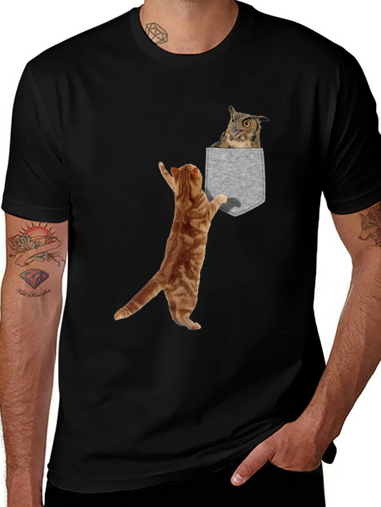 Cat & Owl Pocket Graphic Tee - Unique Animal Lover Shirt