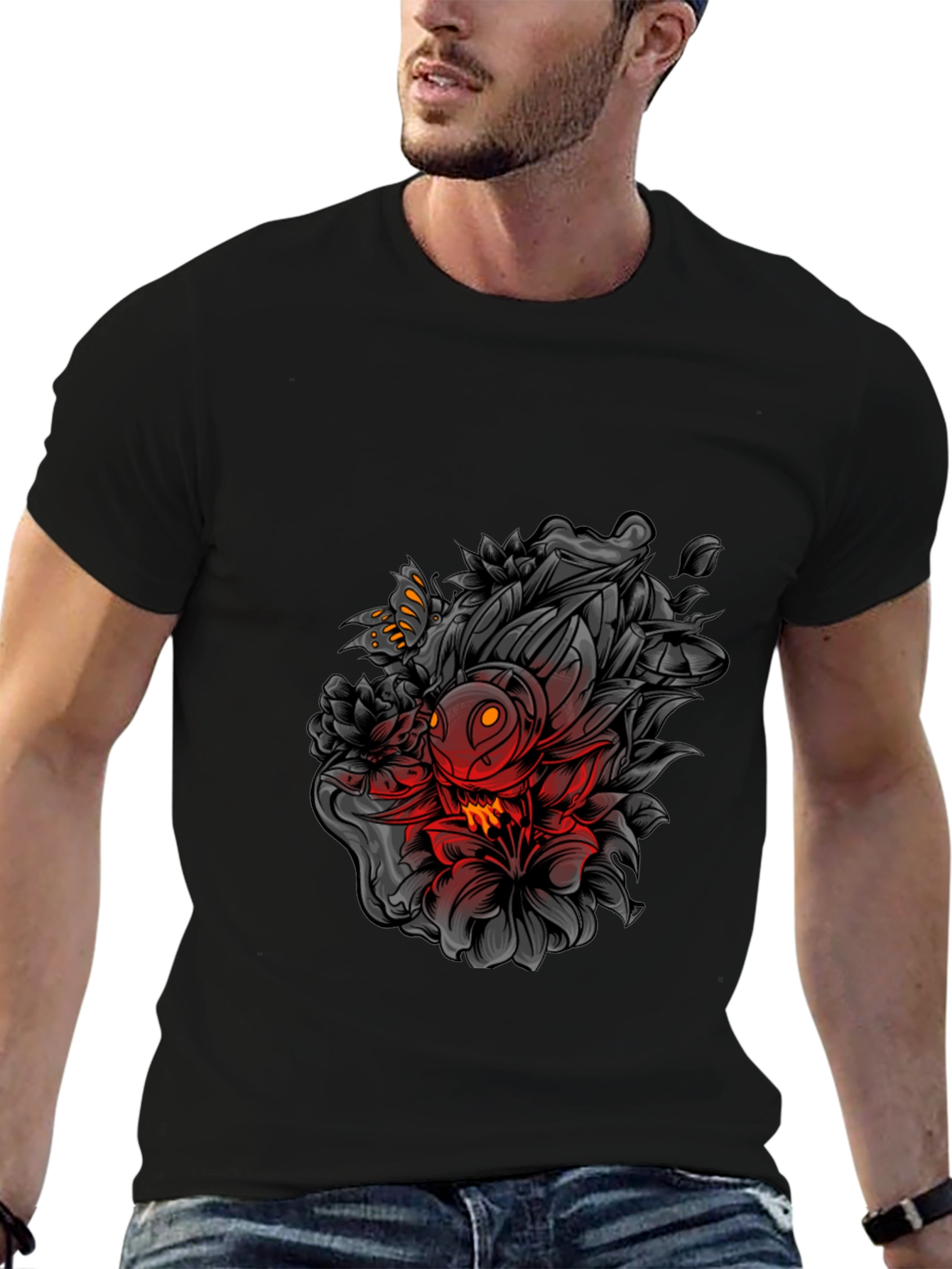 Edgy Floral Graphic Print Black T-Shirt