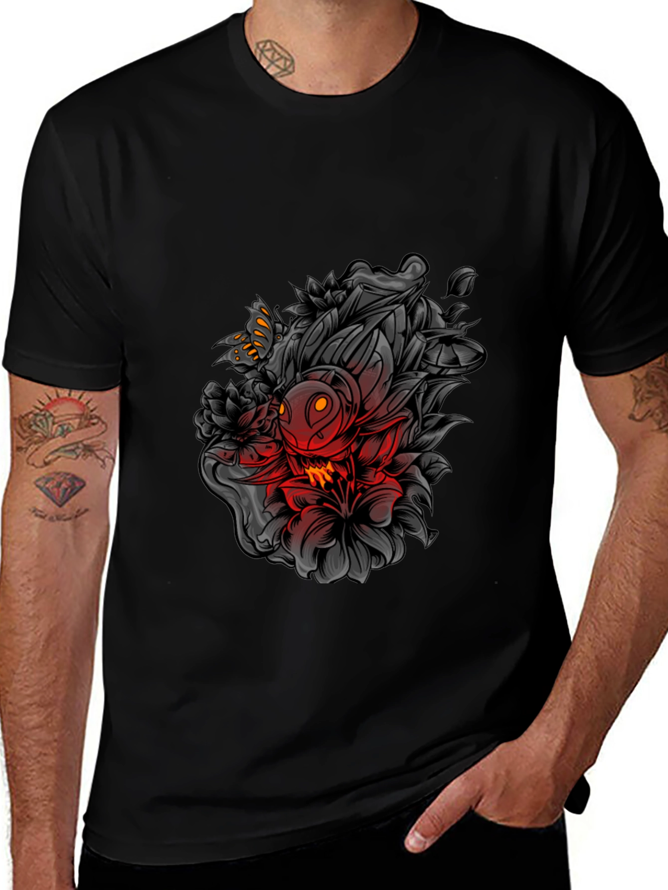 Edgy Floral Graphic Print Black T-Shirt