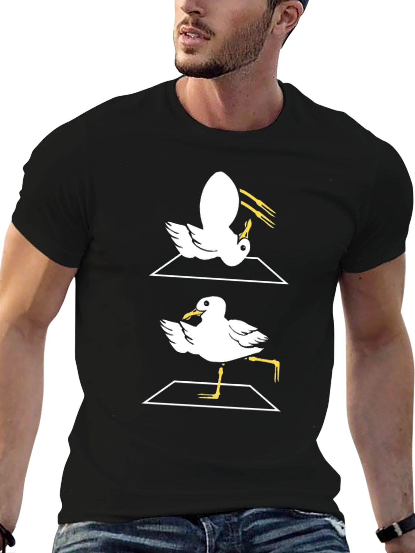 Funny Dancing Seagull Graphic Tee - Black Cotton T-Shirt