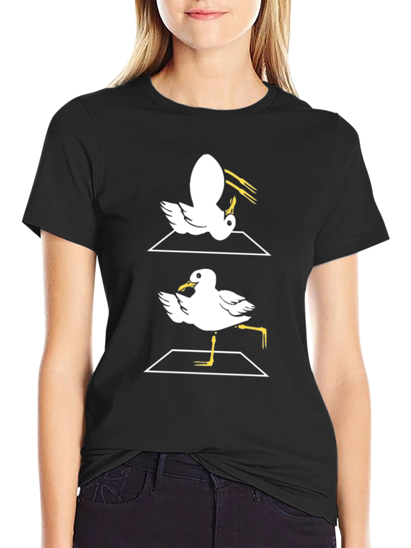 Funny Dancing Seagull Graphic Tee - Black Cotton T-Shirt