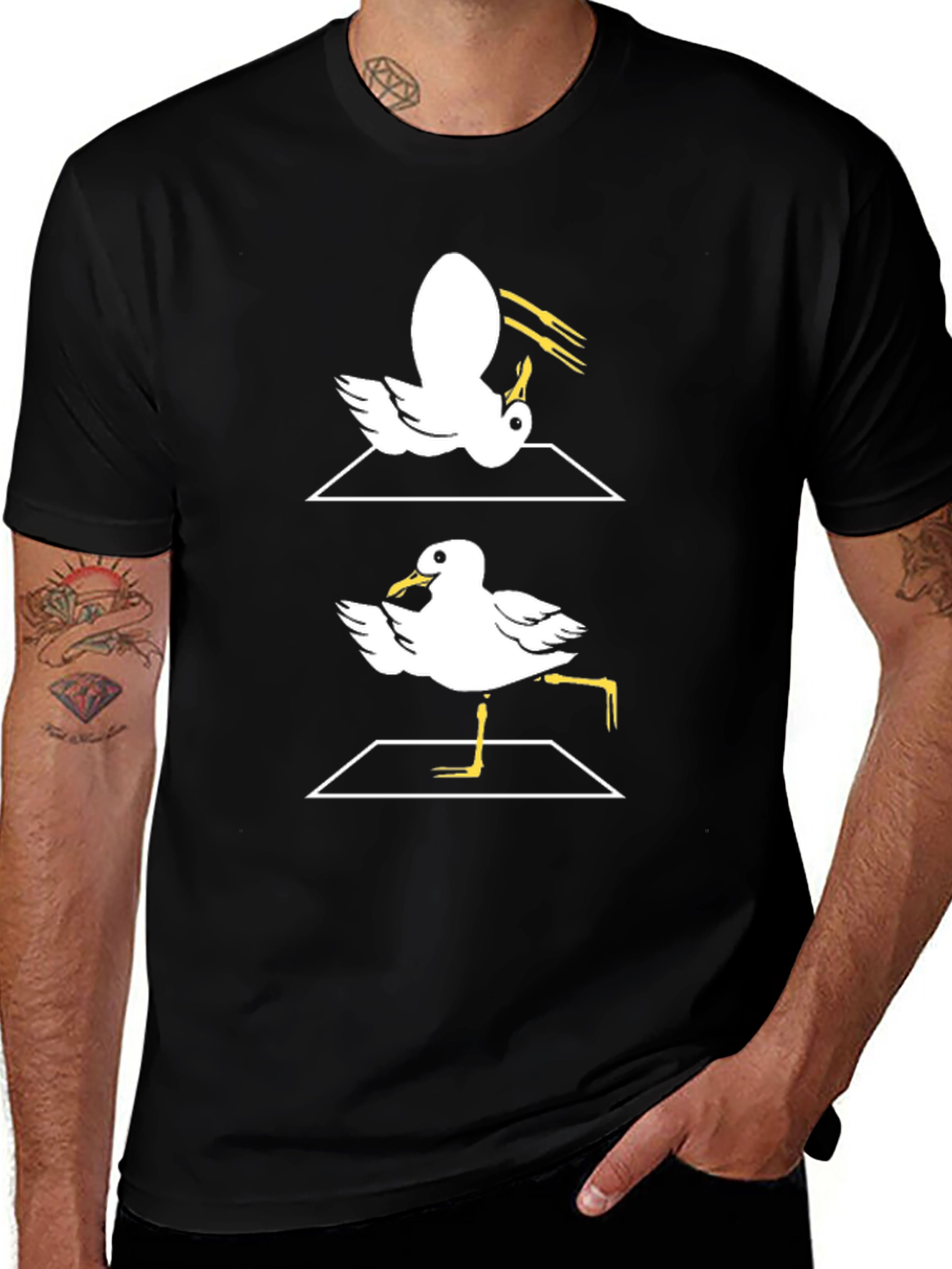 Funny Dancing Seagull Graphic Tee - Black Cotton T-Shirt