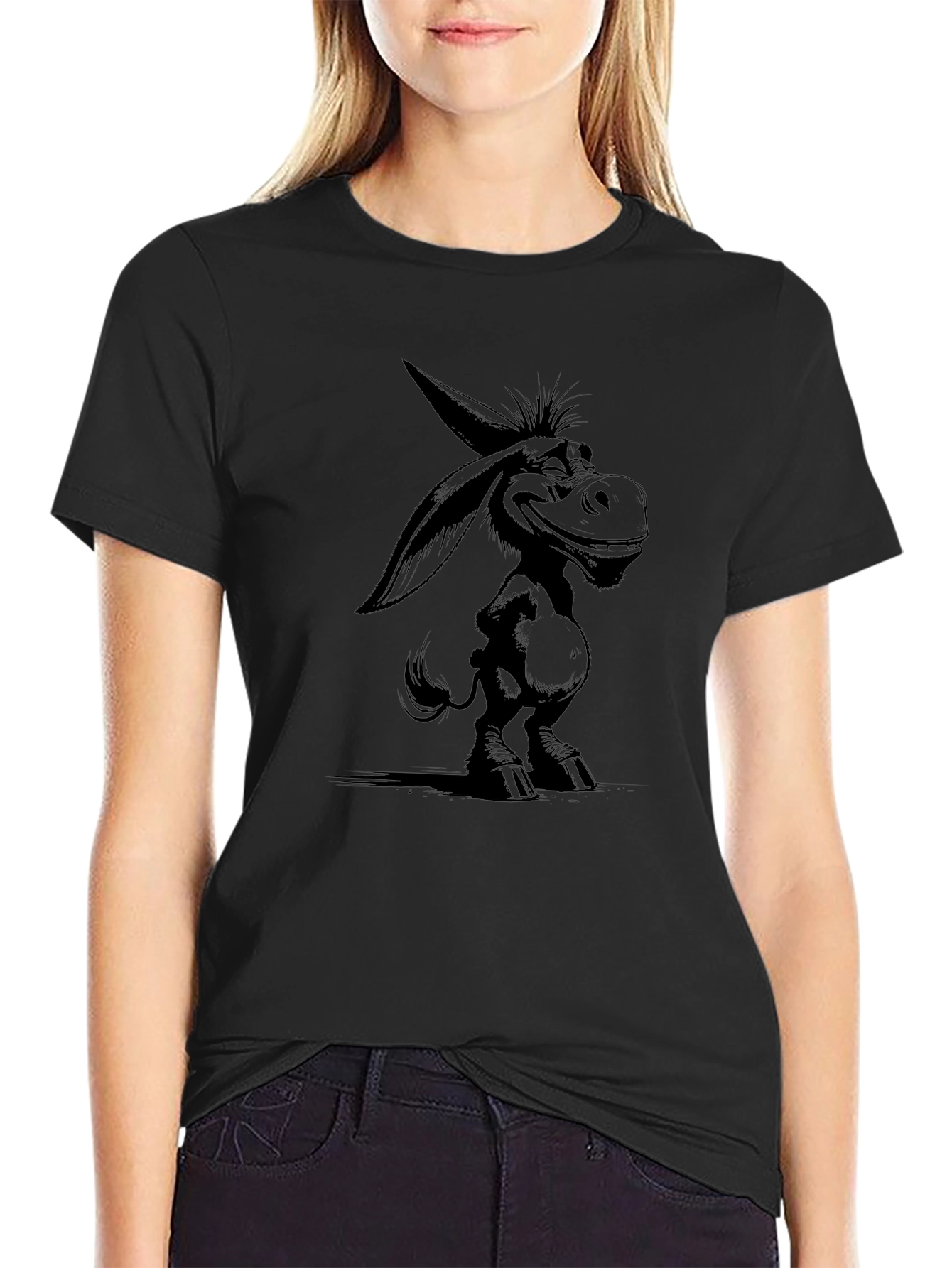 Cartoon Donkey Graphic Tee - Black Unisex T-Shirt