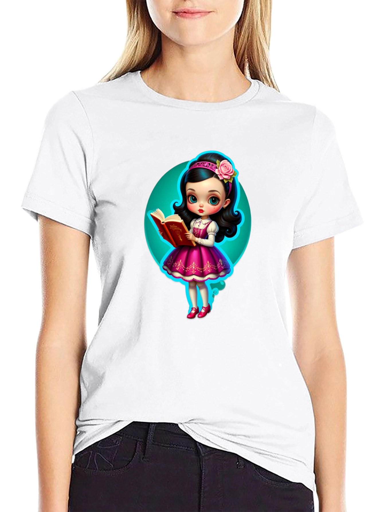 Cartoon Girl Reading Book Graphic Tee