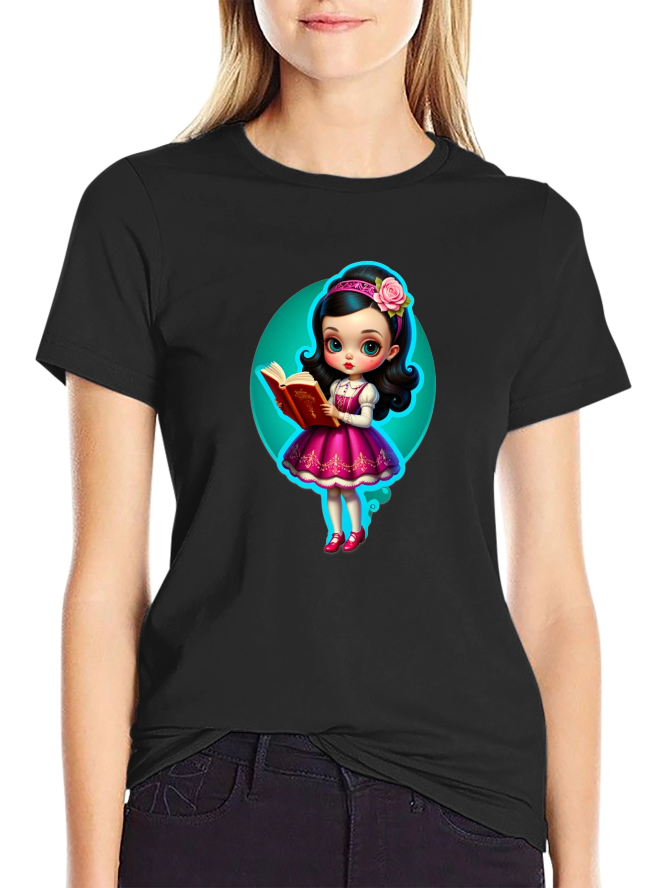 Cartoon Girl Reading Book Graphic Tee