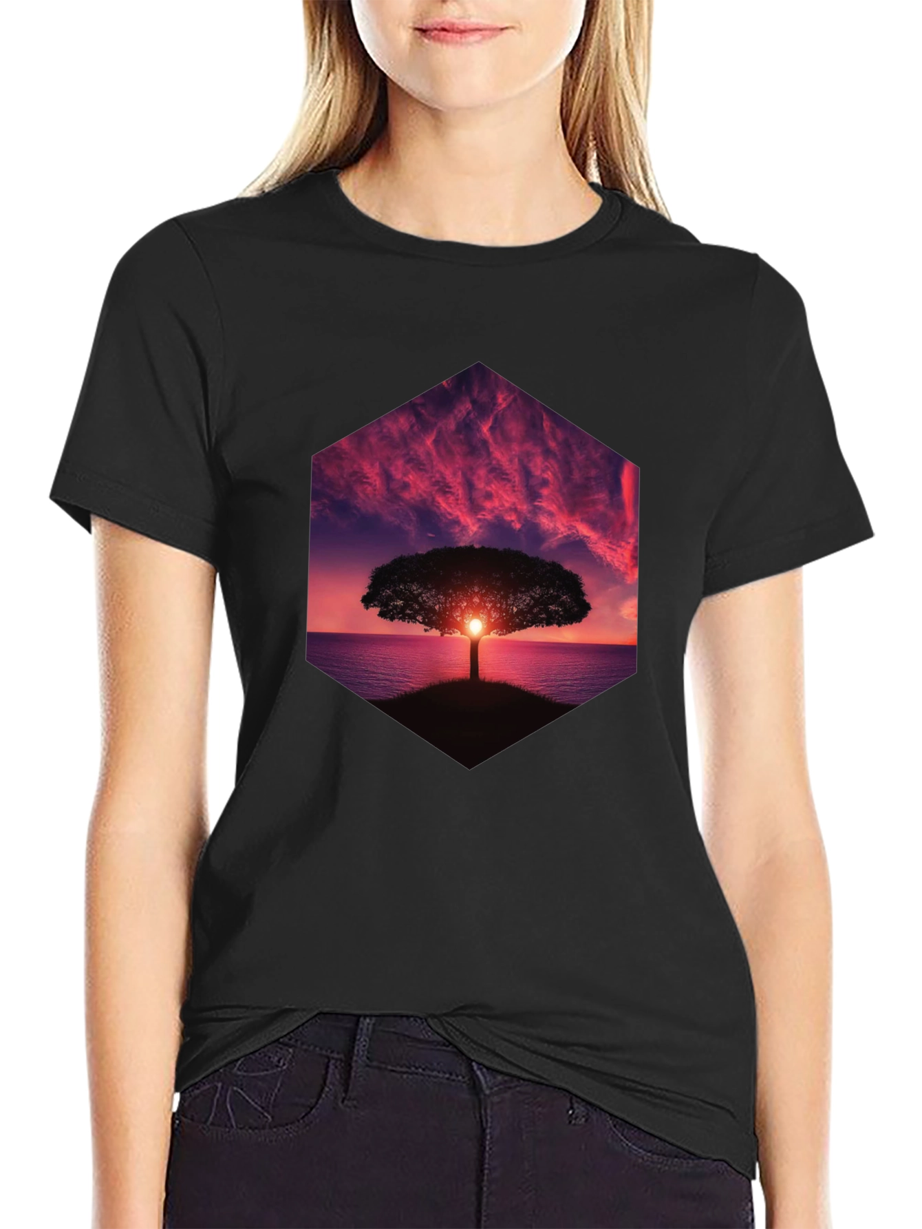Sunset Tree Graphic Tee - Black Cotton Blend