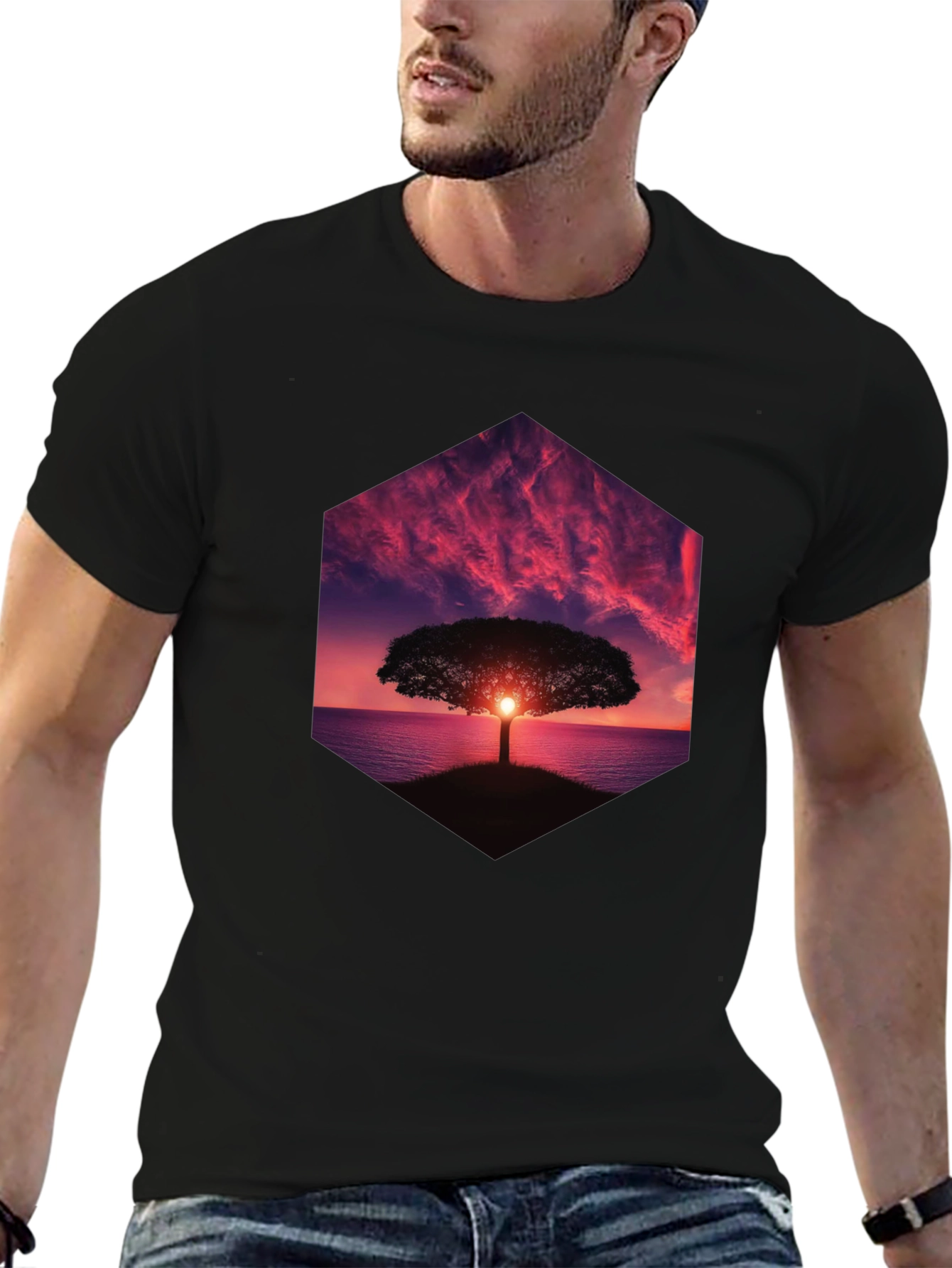 Sunset Tree Graphic Tee - Black Cotton Blend