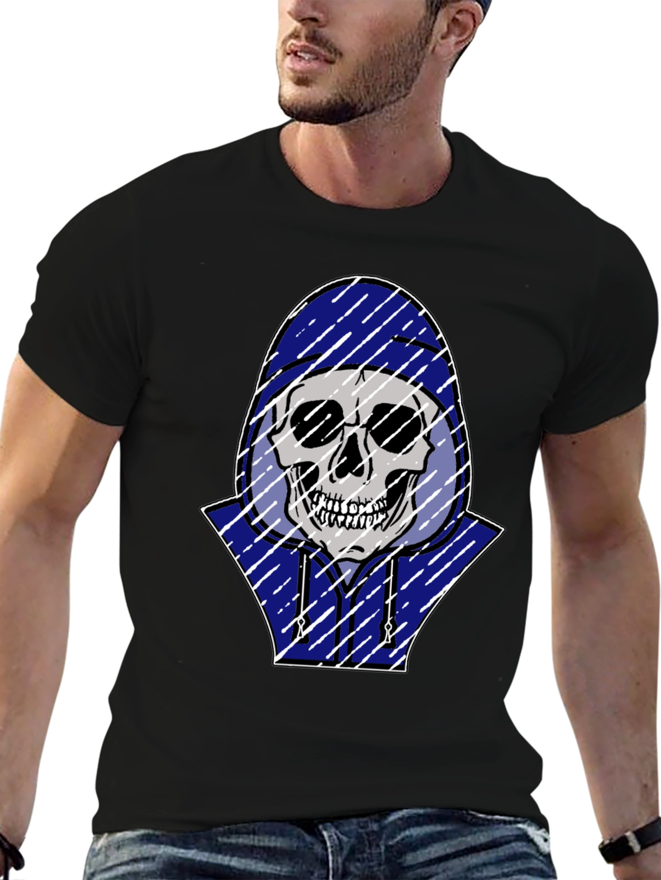 Skull in Hoodie Graphic T-Shirt