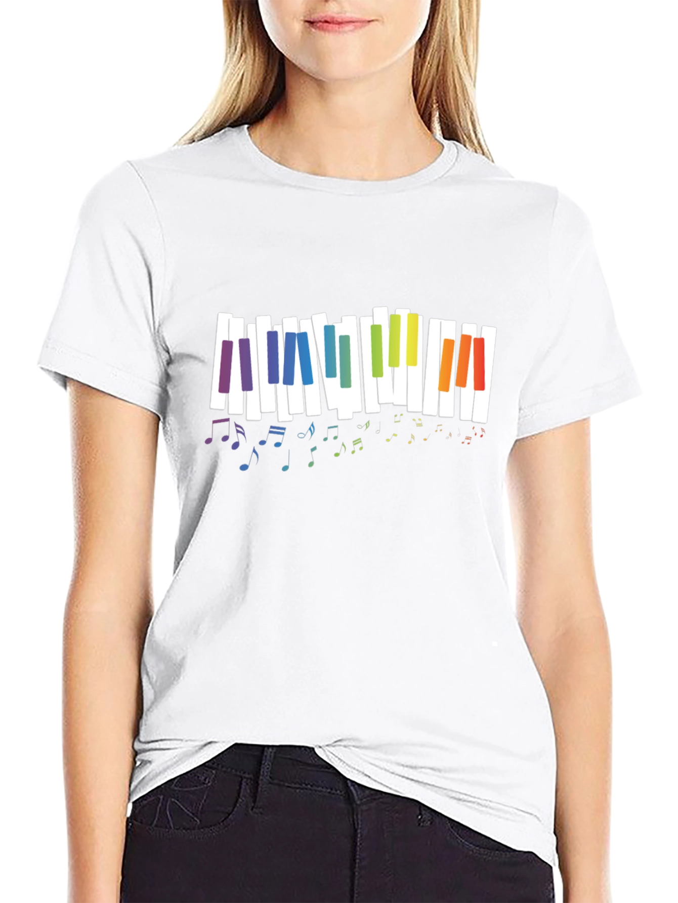 Rainbow Piano Keys Music Notes Black T-Shirt