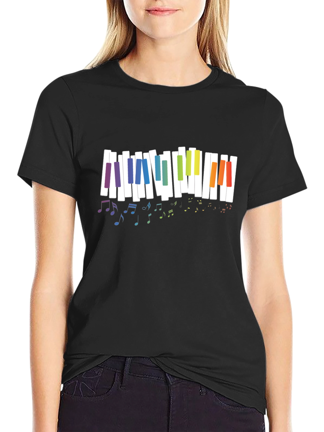 Rainbow Piano Keys Music Notes Black T-Shirt