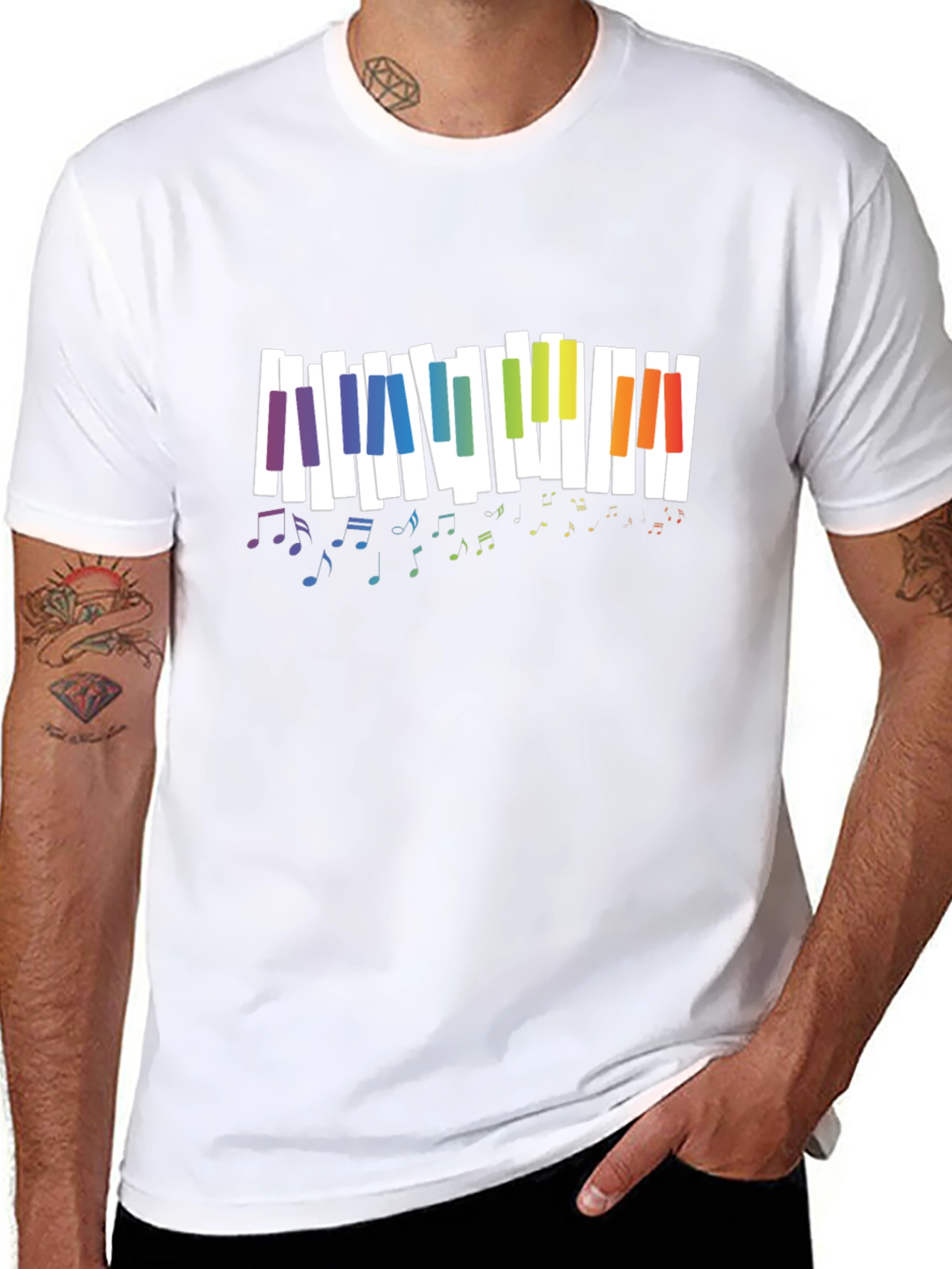 Rainbow Piano Keys Music Notes Black T-Shirt