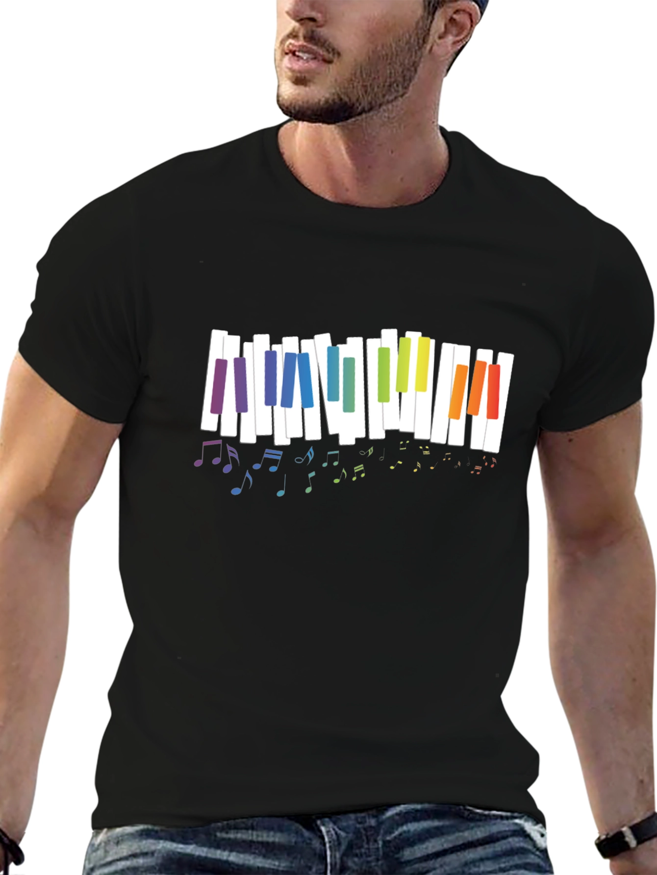 Rainbow Piano Keys Music Notes Black T-Shirt