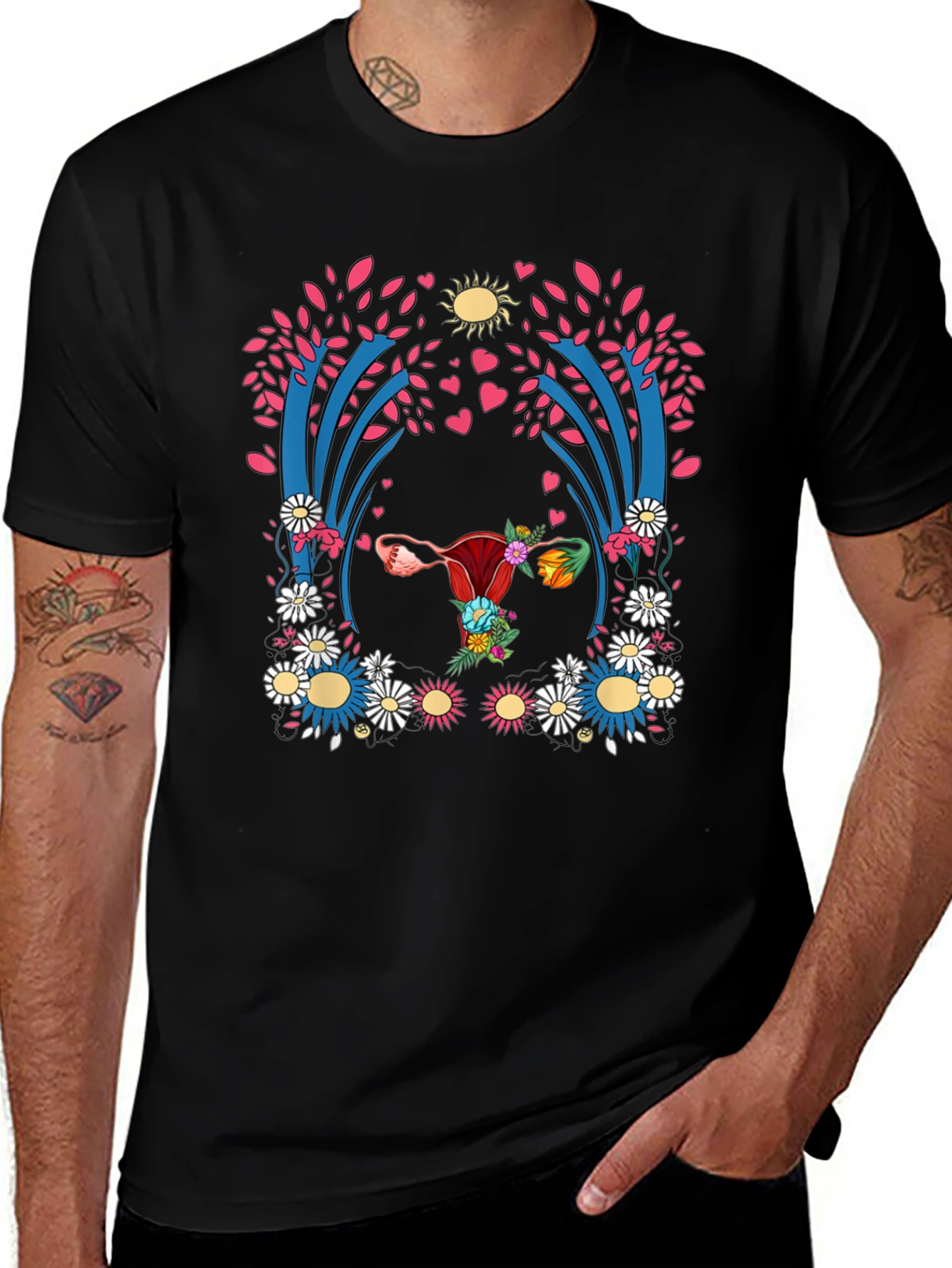 Uterus Floral Print Black T-Shirt