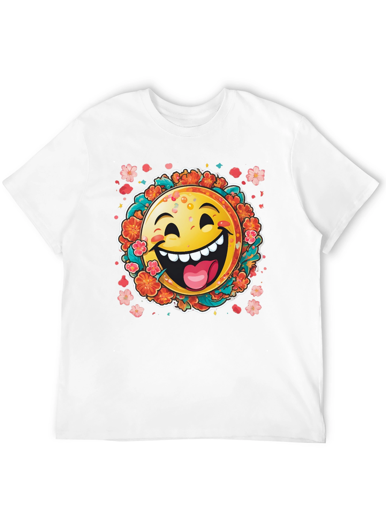 Happy Emoji Graphic T-Shirt - Fun Floral Design