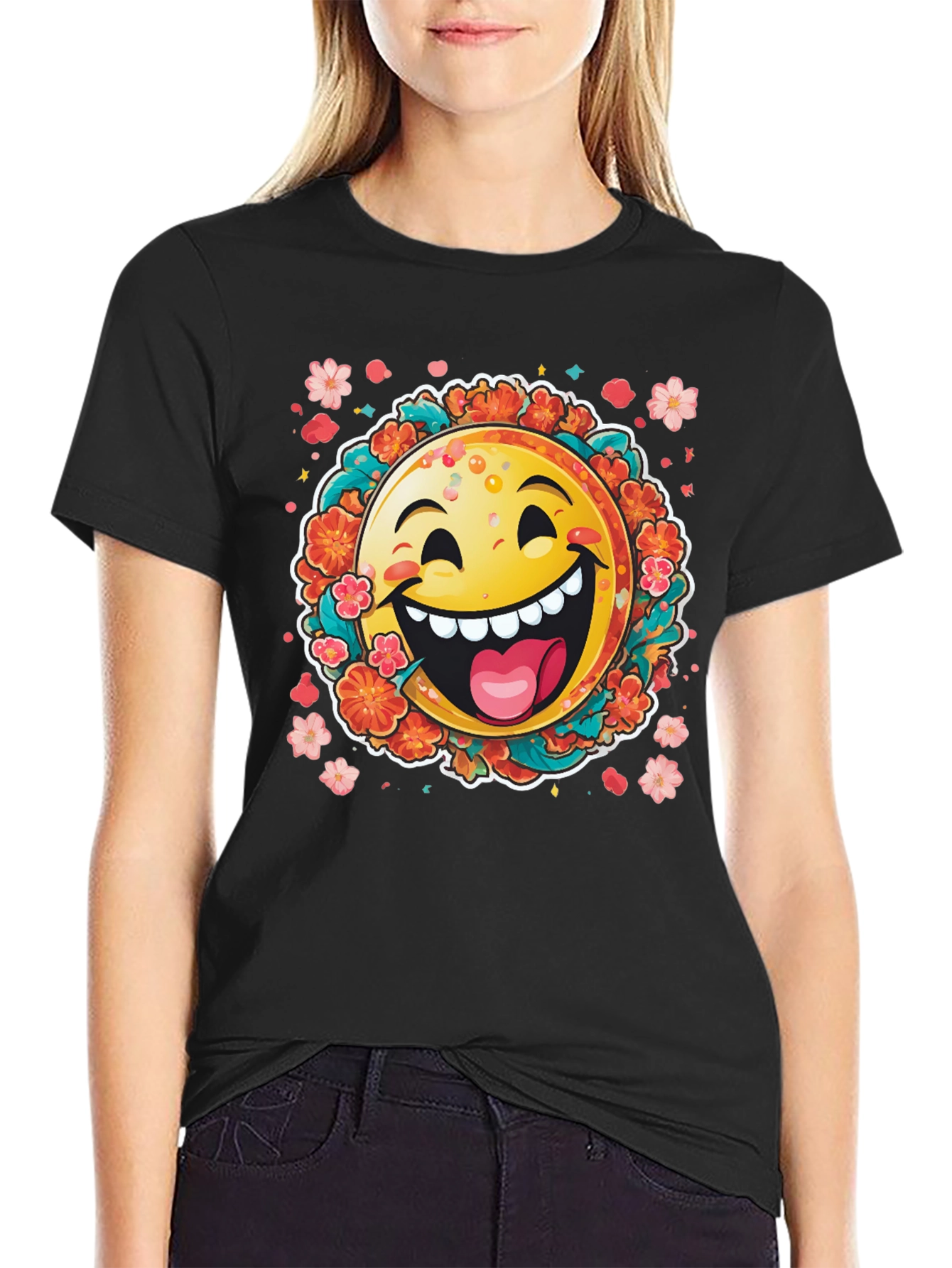 Happy Emoji Graphic T-Shirt - Fun Floral Design