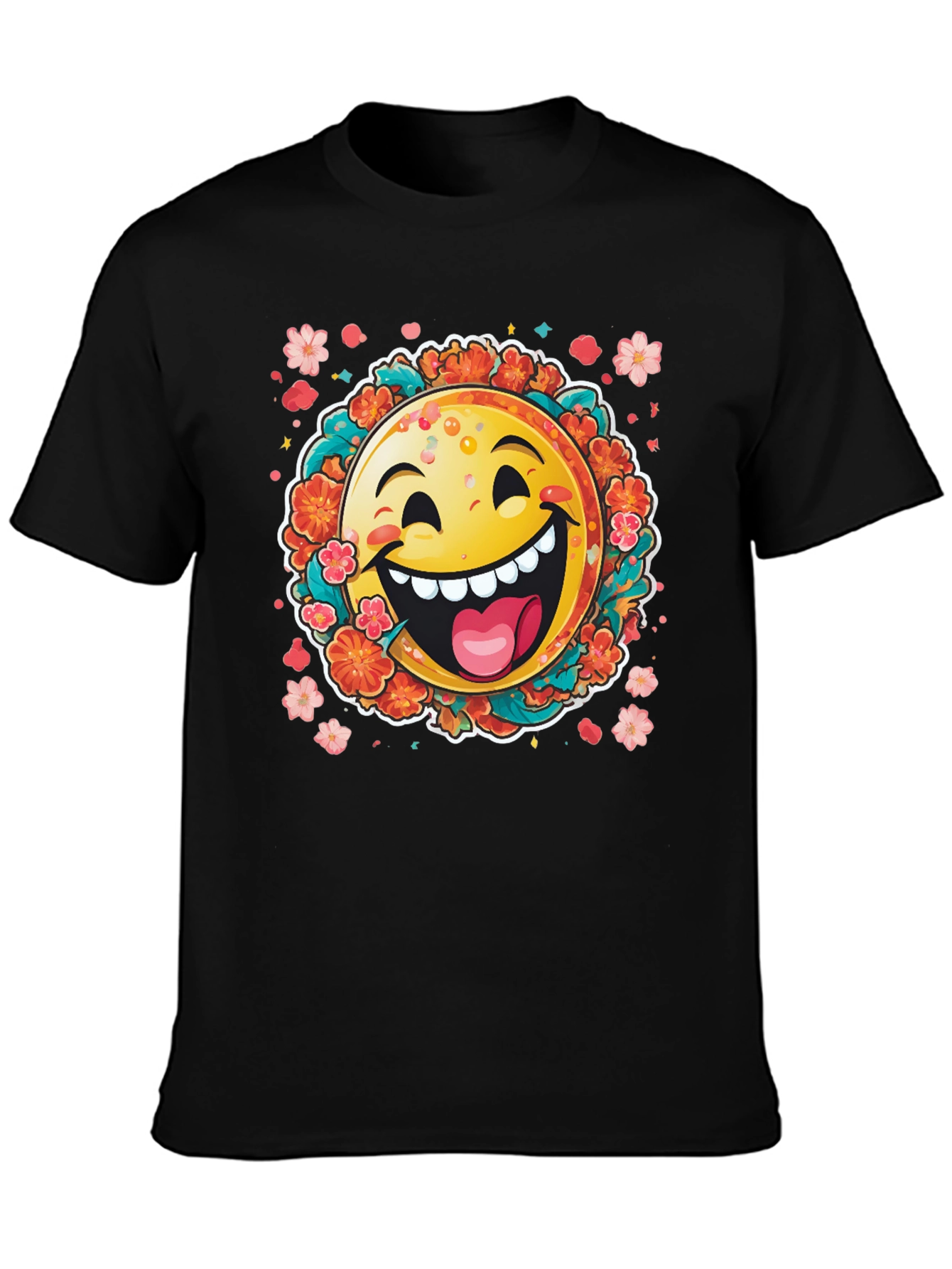 Happy Emoji Graphic T-Shirt - Fun Floral Design