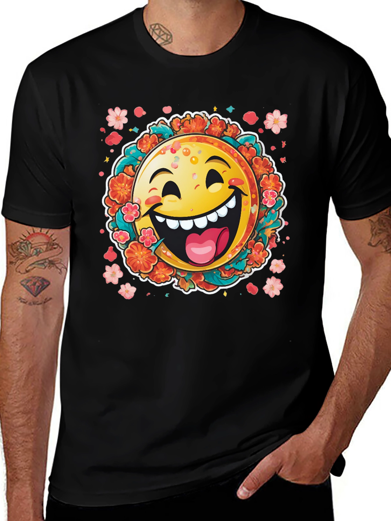 Happy Emoji Graphic T-Shirt - Fun Floral Design