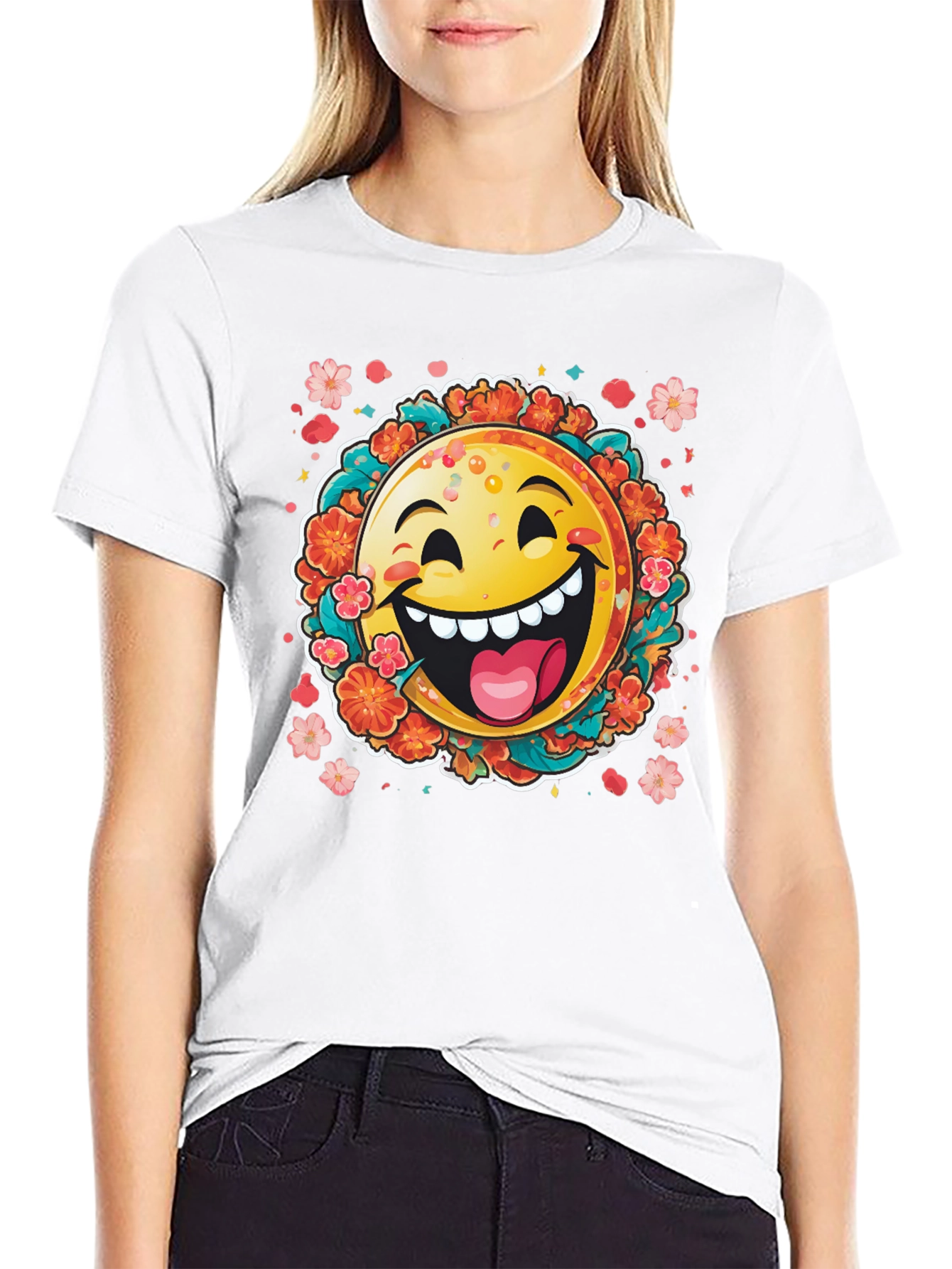Happy Emoji Graphic T-Shirt - Fun Floral Design