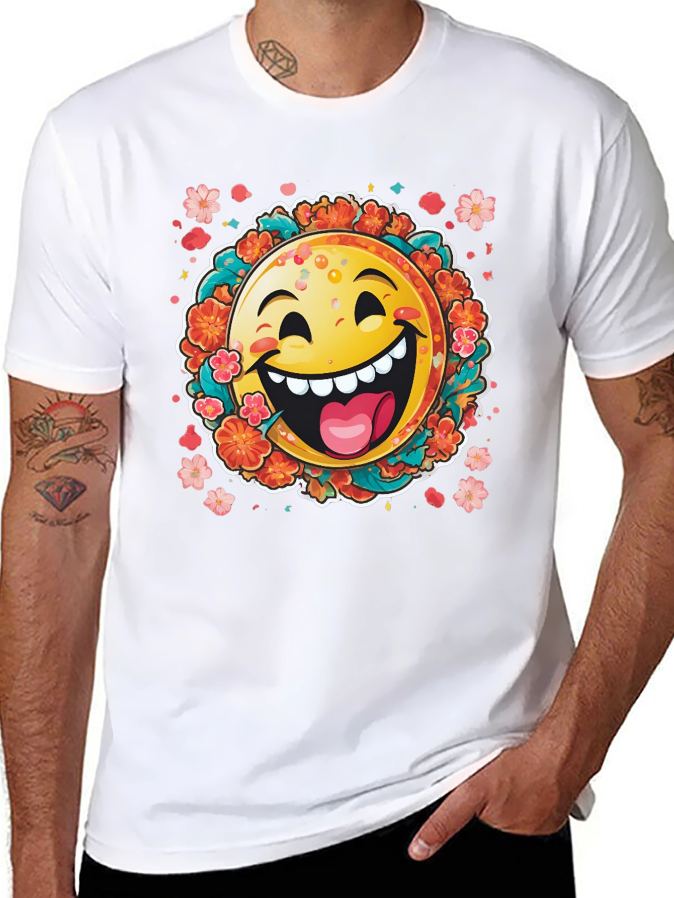 Happy Emoji Graphic T-Shirt - Fun Floral Design