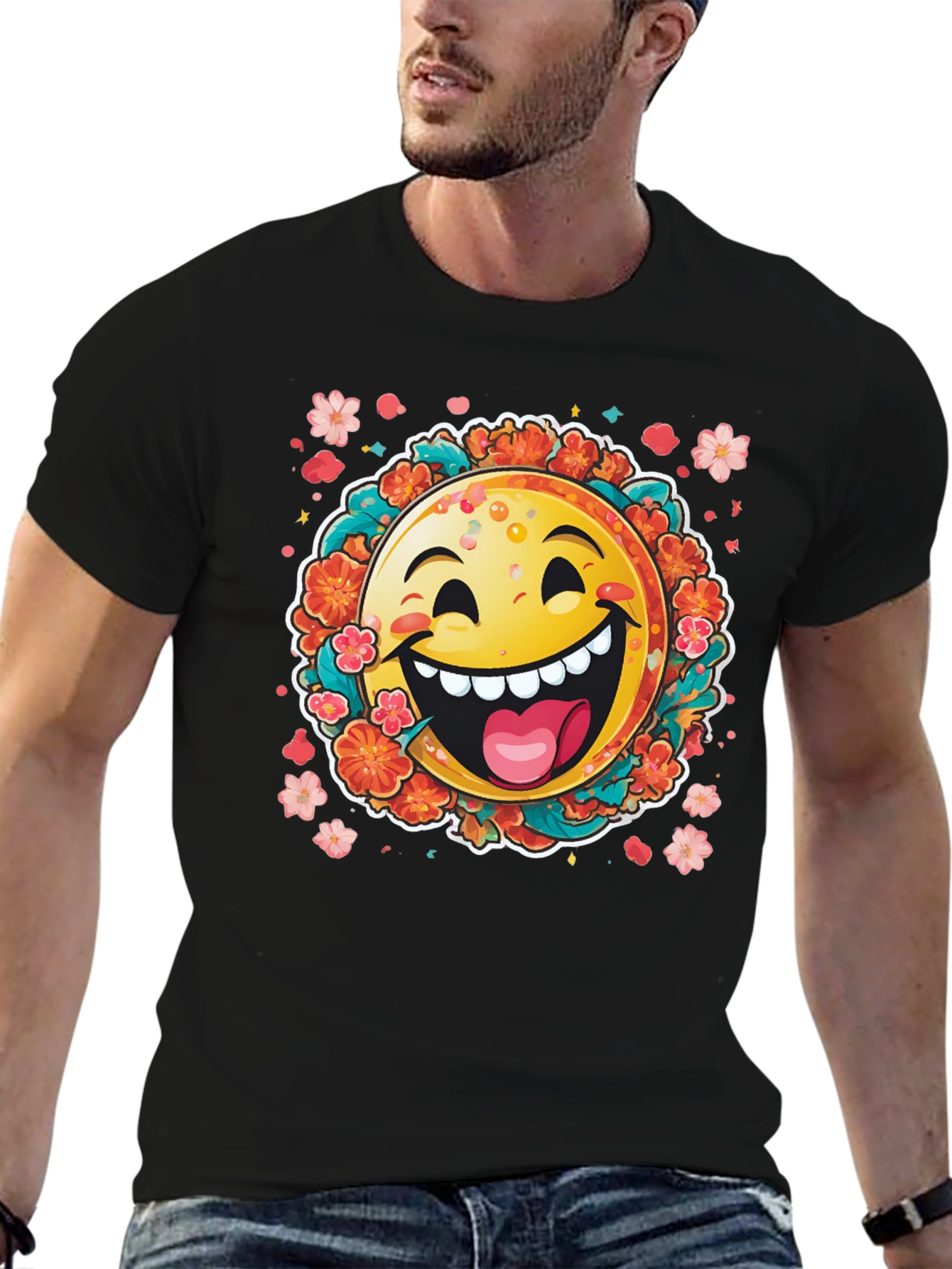 Happy Emoji Graphic T-Shirt - Fun Floral Design