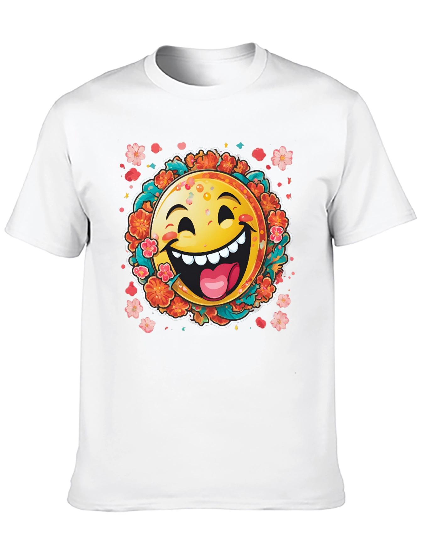 Happy Emoji Graphic T-Shirt - Fun Floral Design