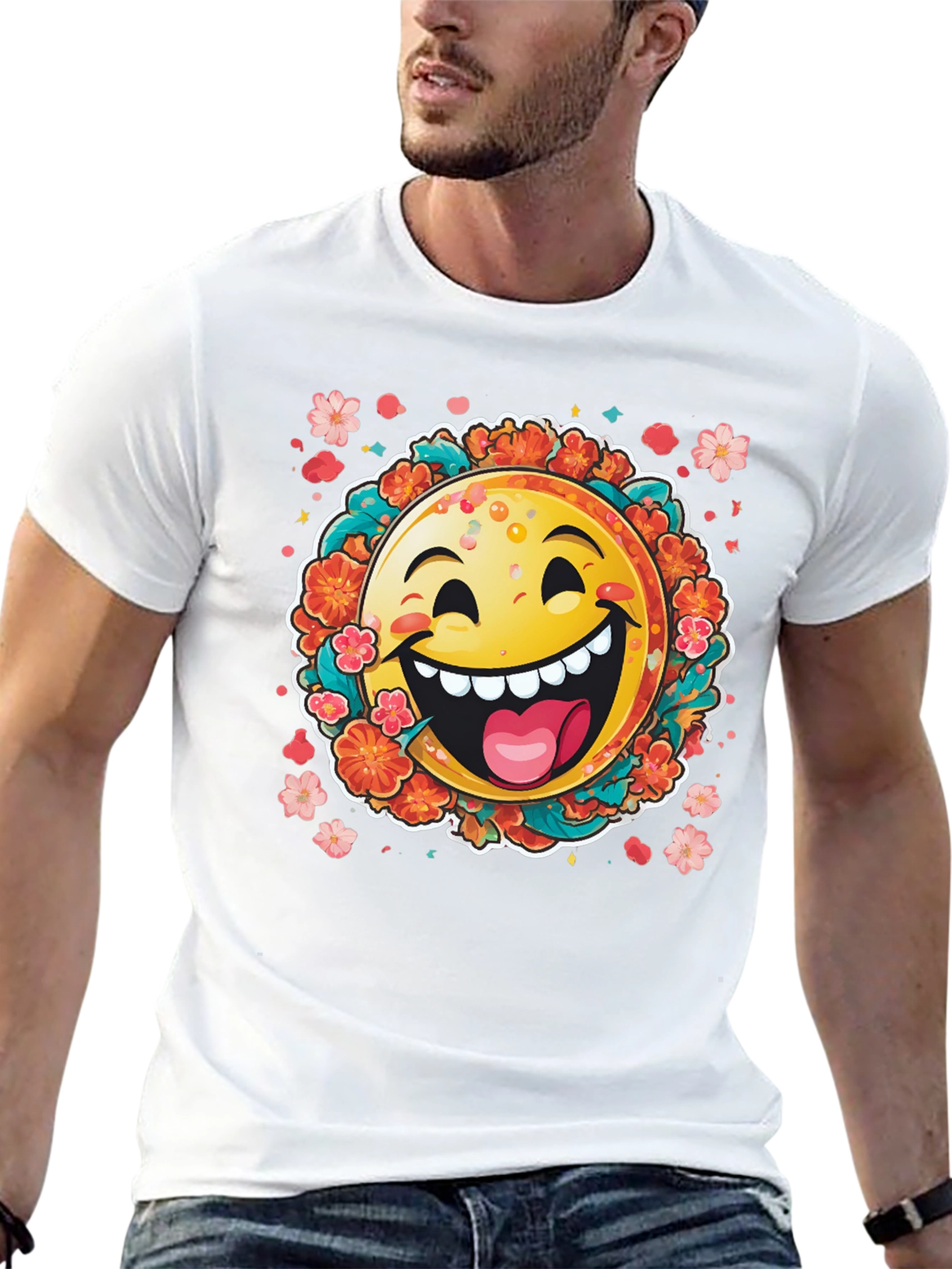 Happy Emoji Graphic T-Shirt - Fun Floral Design