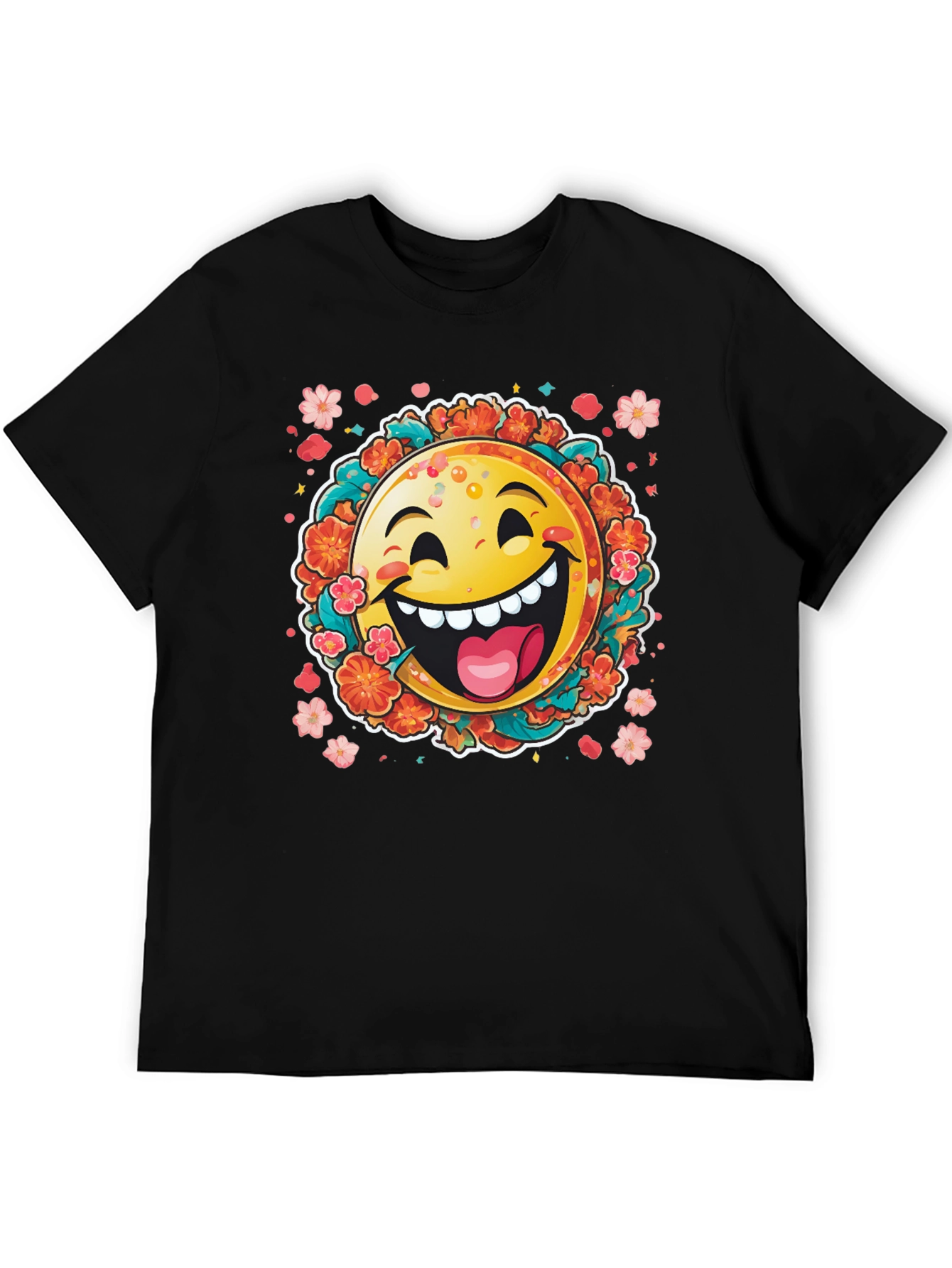 Happy Emoji Graphic T-Shirt - Fun Floral Design