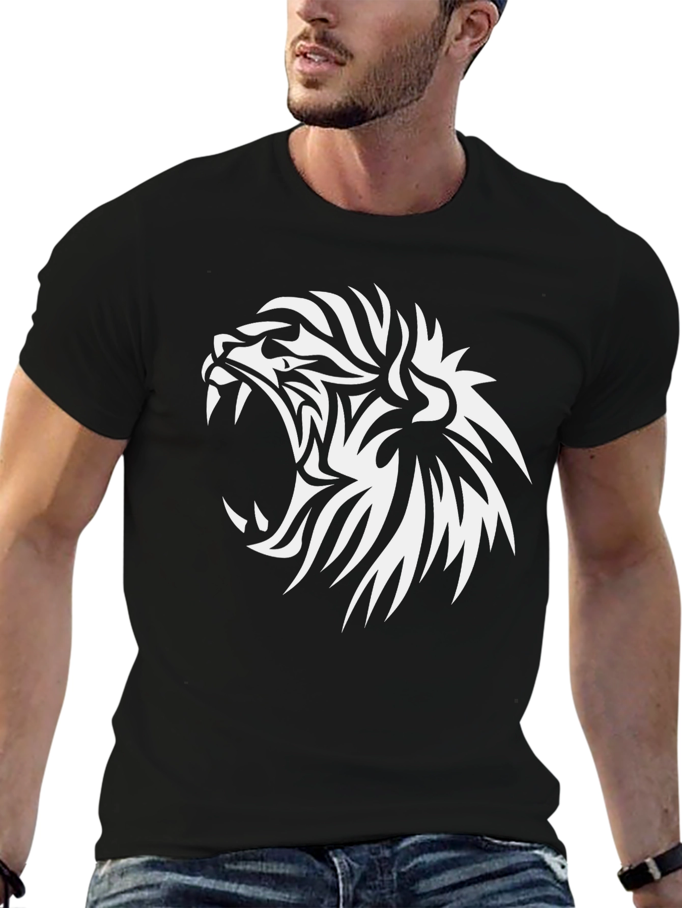 Mens Black T-Shirt - Tribal Lion Graphic Tee