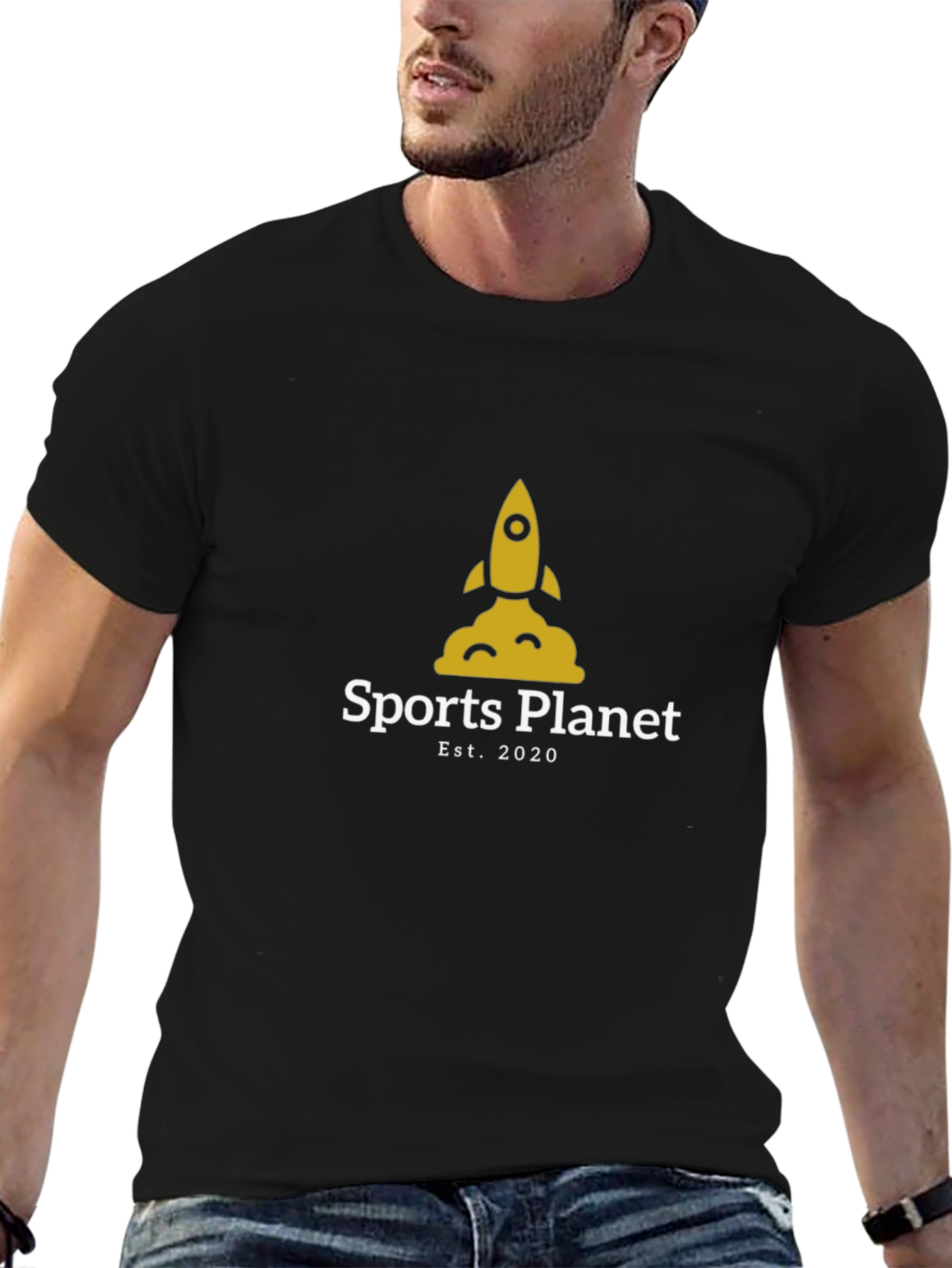Sports Planet Black T-Shirt - Rocket Design