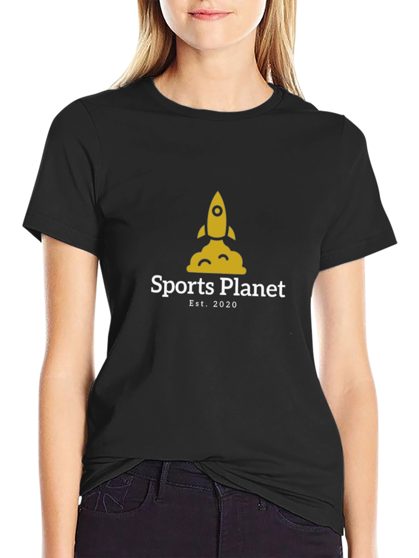 Sports Planet Black T-Shirt - Rocket Design