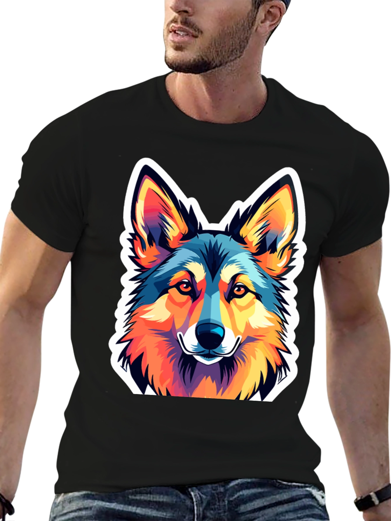 Vibrant Wolf Graphic Tee - Stylish Mens Black T-Shirt