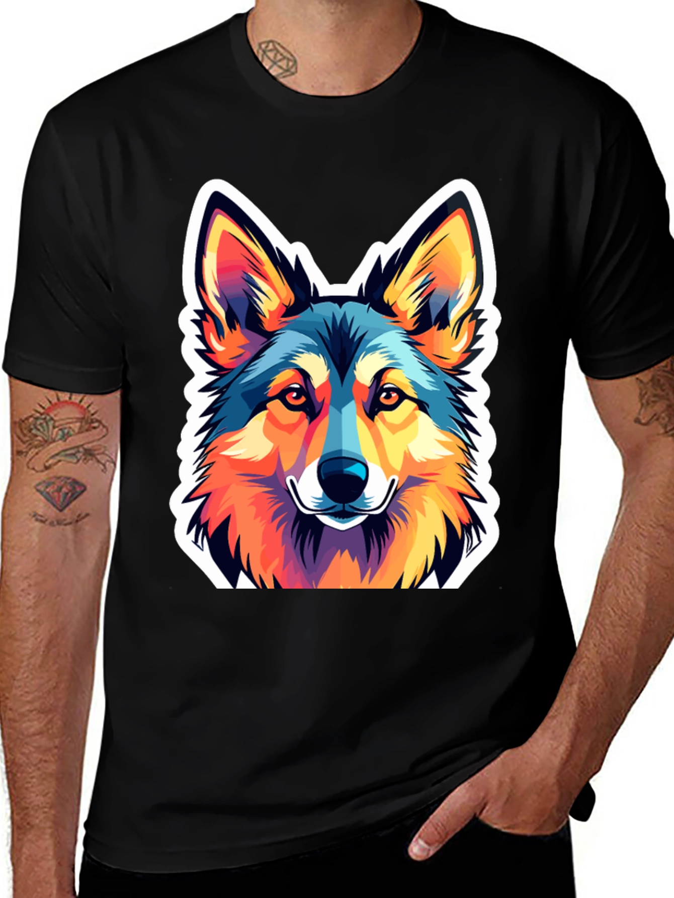 Vibrant Wolf Graphic Tee - Stylish Mens Black T-Shirt